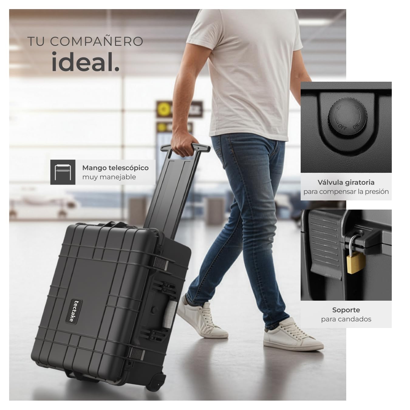 tectake® Maletín Cámara Vacío con Espuma, Carcasa Rígida, Carro Herramientas a Prueba de Golpes, Caja Herramientas con Ruedas y Asas Telescópicas, Resistente a la Intemperie, 56 x 46 x 27 cm
