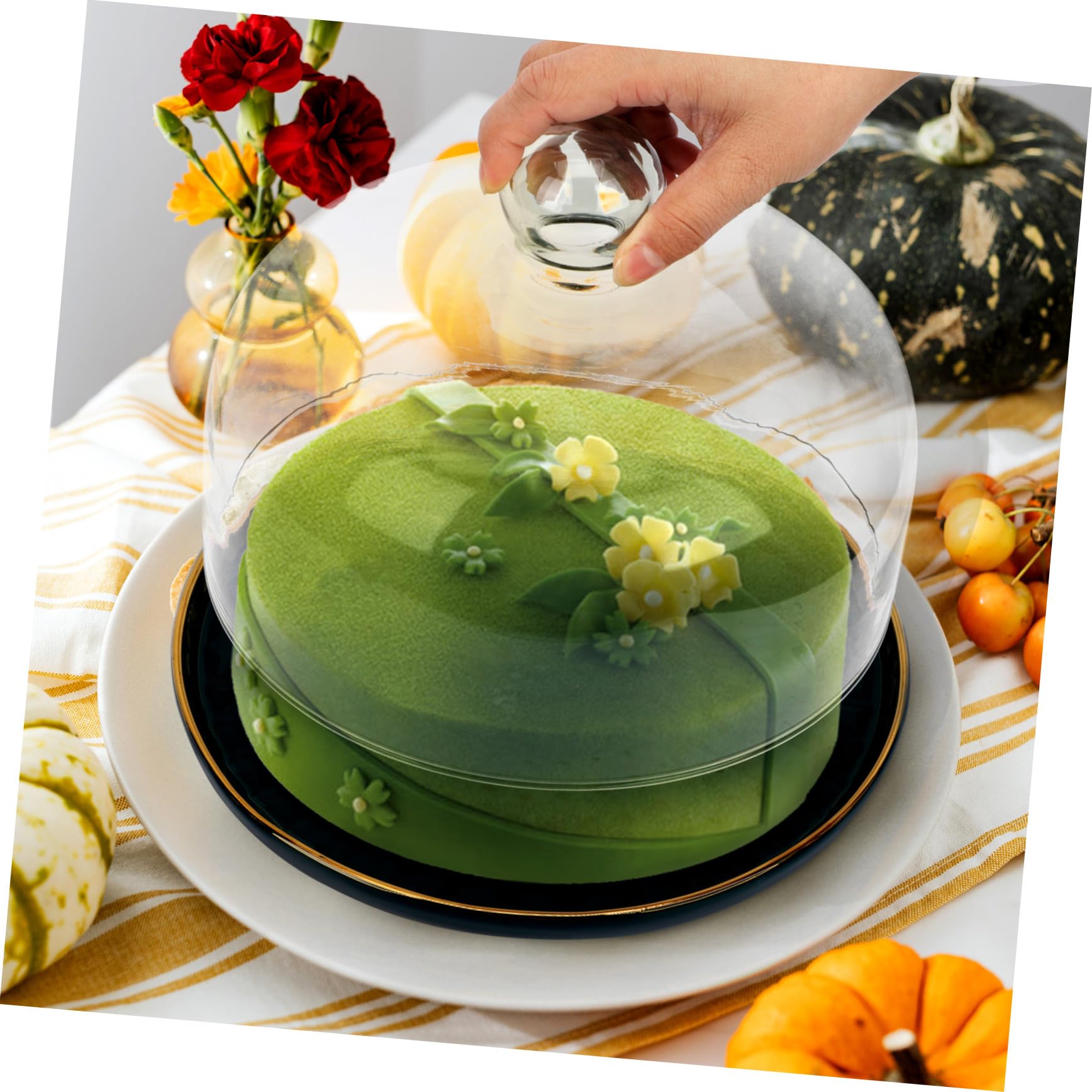 STOBAZA Set Piatto Dolci e Vassoio per Frutta con Coperchio in Vetro Trasparente, Piastra di Stoccaggio 23 Cm con Bordo Verde Dorato, Vassoio Multifunzione per Dessert e Pane, Adatto