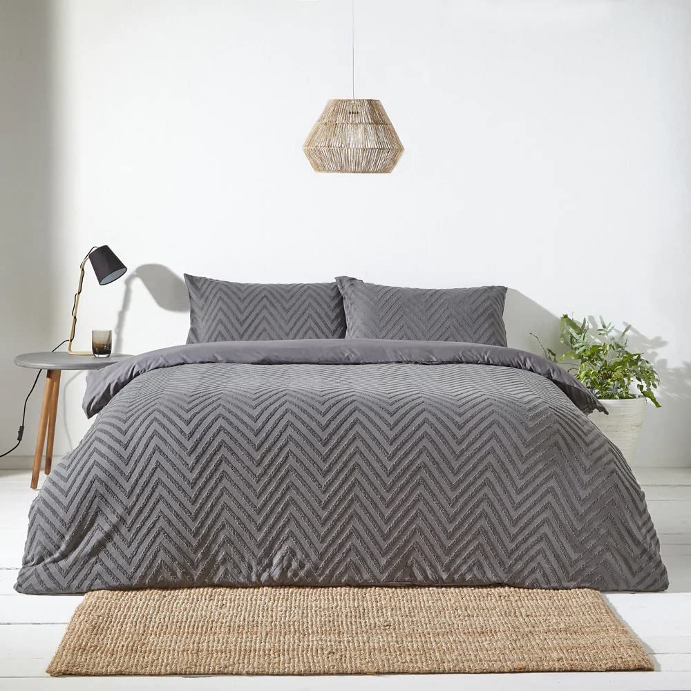 Yard Chevron Single Duvet Set - Charcoal Grey - 100% Cotton - Tufted Texture