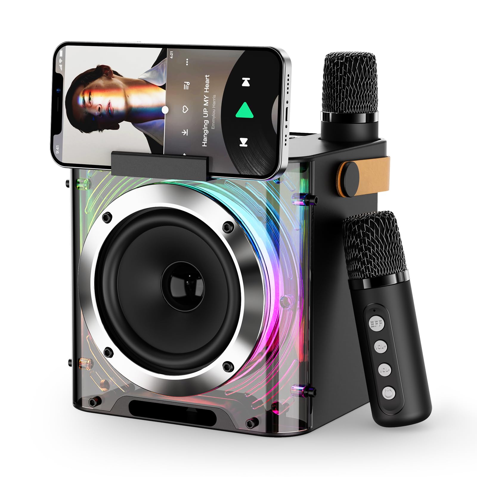 PKBD Karaoke Machine 2 Microphones for Adults Kids Portable Bluetooth Speaker with 4 Voice Changing Effects and 5 Light Effects