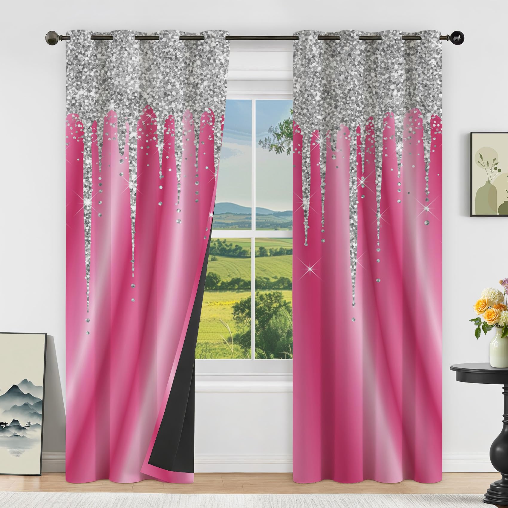 Glitzer Rosa Vorhänge Wohnzimmer Blickdichte Glamour Prinzessin Kinderzimmer Gardinen mit ösen Thermo Vorhang Gegen Kälte Verdunklungsvorhänge für Schlafzimmer 2er Set H 137 x B 117 cm