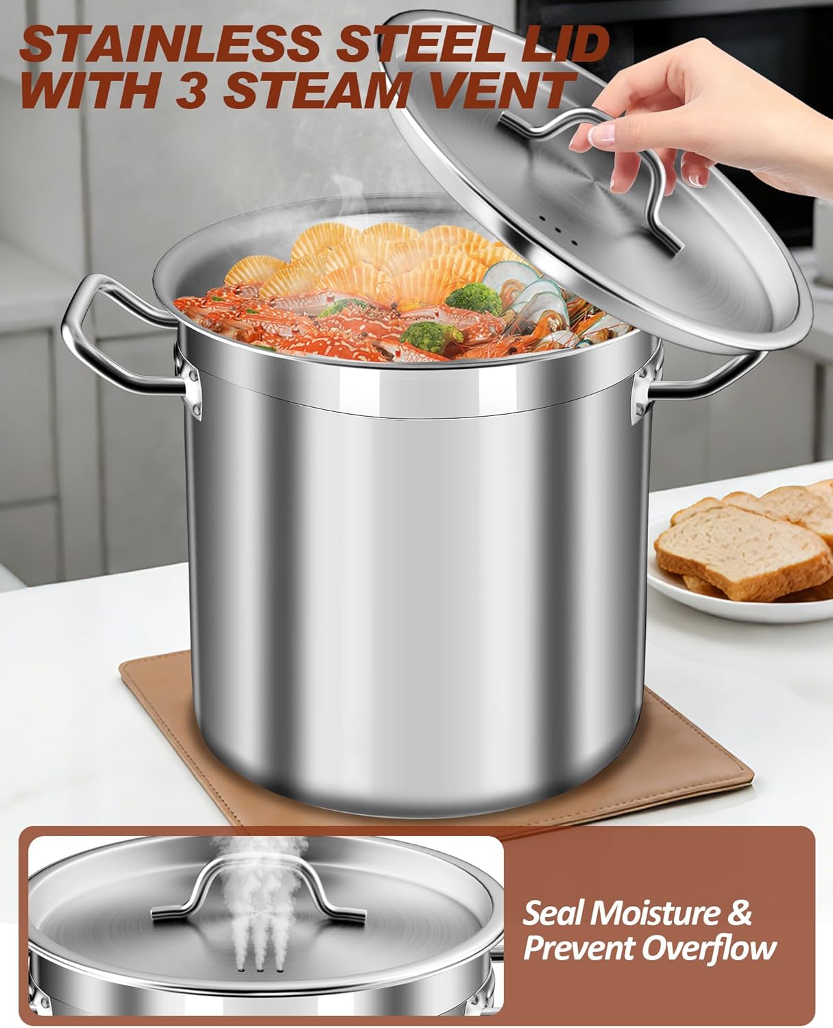 Large Stock Pot with Lid - 40 Quart Stainless Steel Cookware, 10 Gallon Heavy Duty Soup Pot, Big Pots for Cooking, Compatible Induction & Oven