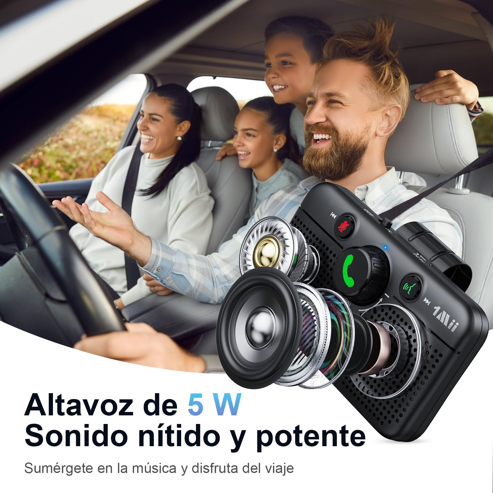 1Mii Manos Libres para Coche Bluetooth 6.0, Kit de Altavoz Bluetooth para Coche, Reconexión Automática, Siri y Google Voice Assistant, Llamadas, Navegación y Música Manos Libres, 35H de Autonomía