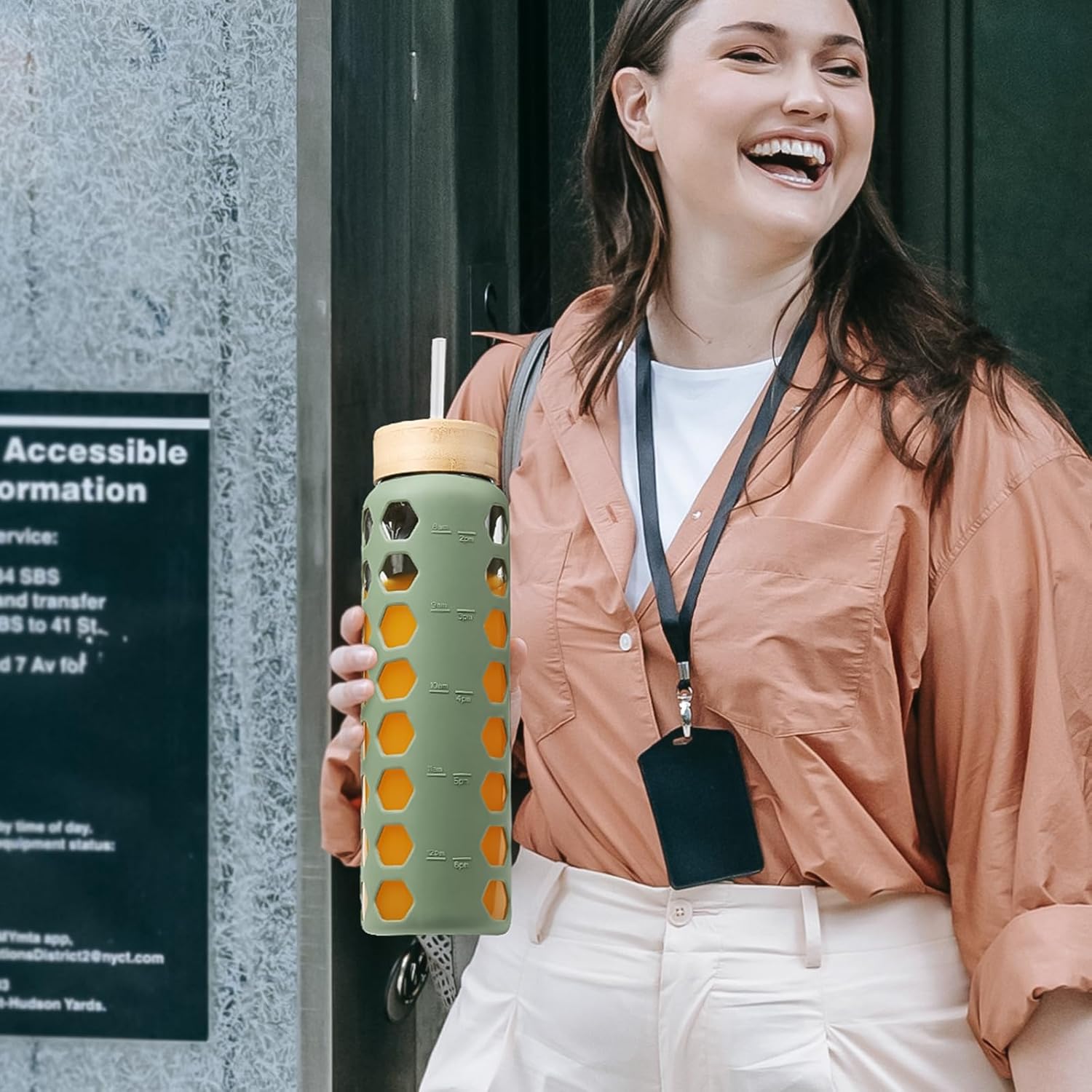 MUKOKO Glass Water Bottles, 32oz Glass Tumbler with Straw, Drinking Bottles with 2 Lids-Handle Spout Lid&Bamboo Straw Lid, Motivational Water Bottle with Time Marker and Silicone Sleeve, 1 Pack-Olive - Image 6