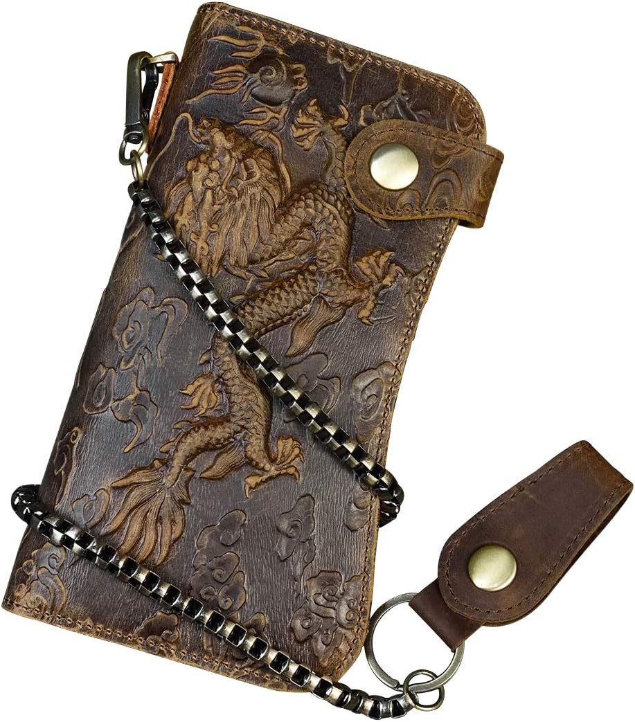 Men's Leather Long Wallet with Zipper Pocket Vintage Chain Wallet