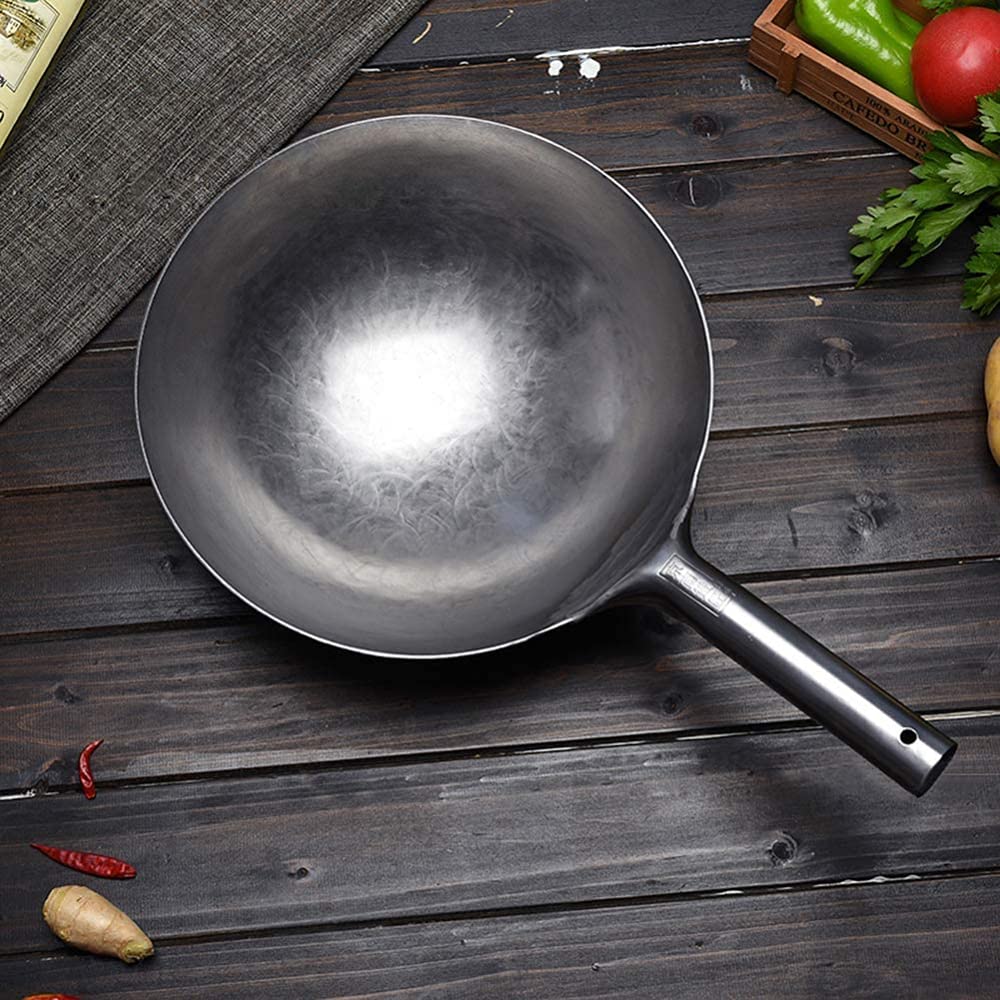 Wok de Acero al Carbono, auténtico Wok Martillado a Mano auténtico presazonado de 14 pulgadas/32 cm, Utilizado para Utensilios de Cocina antiadherentes Chinos Tradicionales en restaurantes