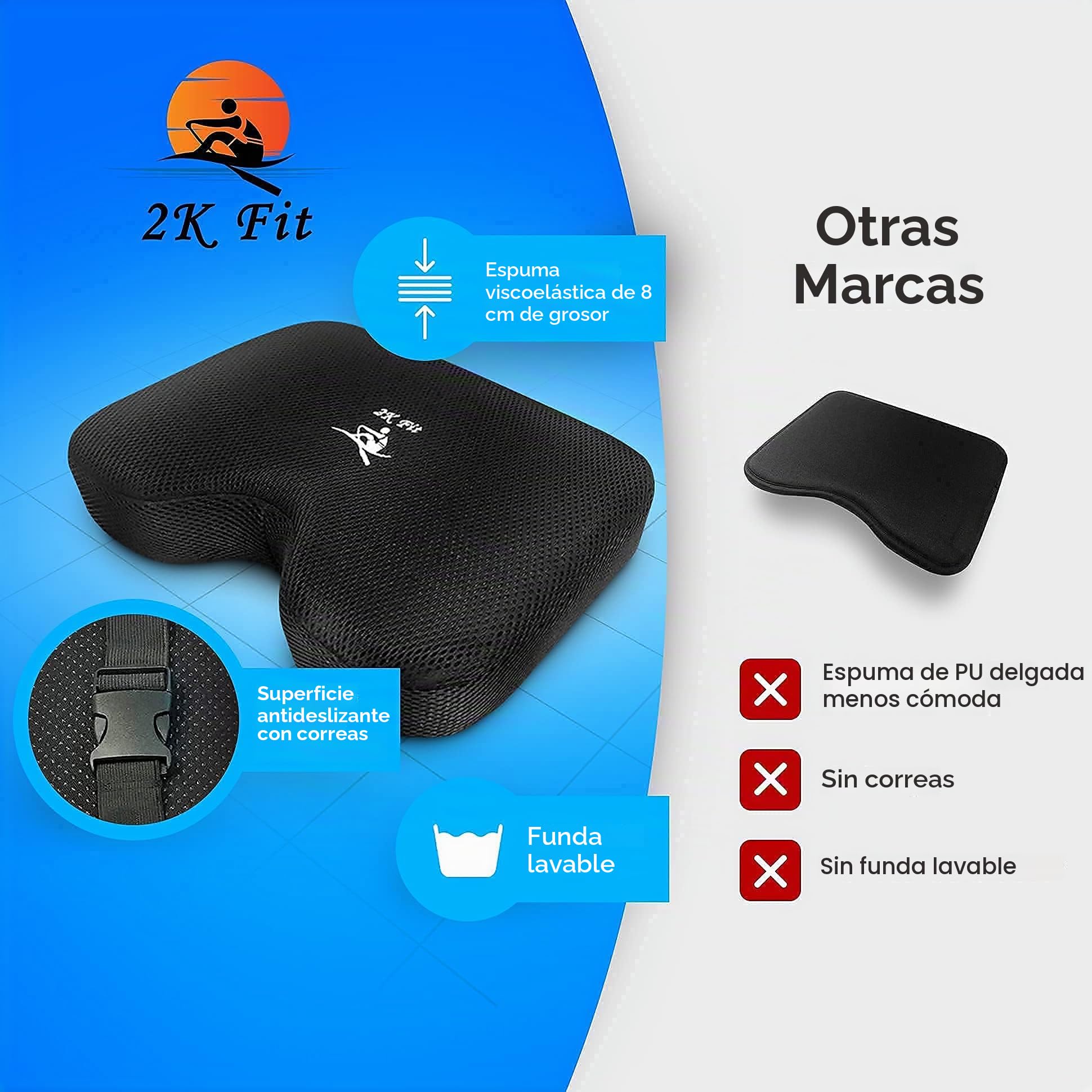 Cojín de asiento para máquina de remo (modelo 2) que se adapta perfectamente al Concept 2 con espuma viscoelástica más gruesa, funda lavable y correas, también funciona muy bien con bicicleta estática