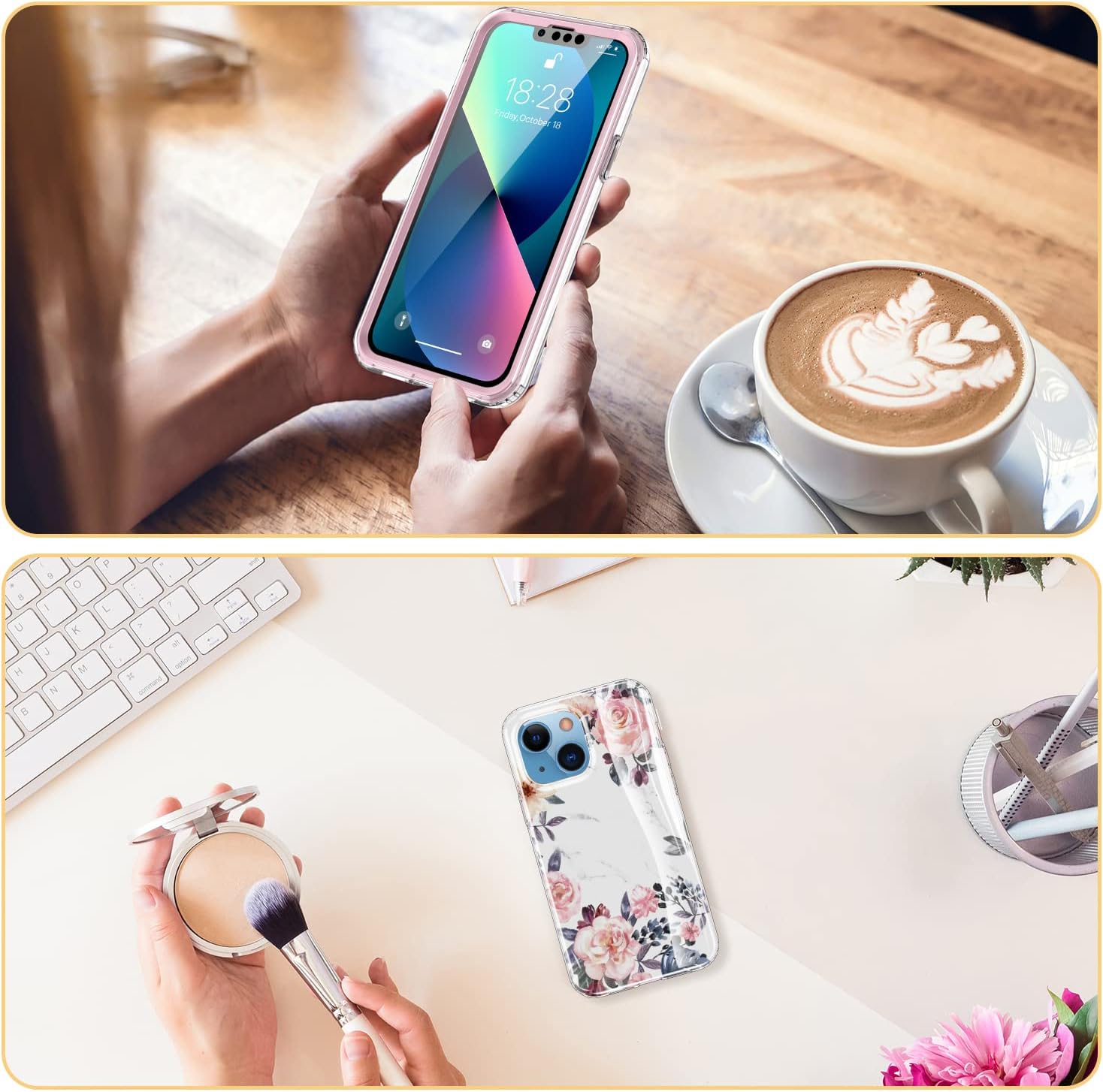 Esdot for iPhone 13 Case with Built-in Screen Protector,Military Grade Rugged Cover with Fashionable Designs for Women Girls,Protective Phone Case 6.1" Pink Flowers Leaves - Image 6