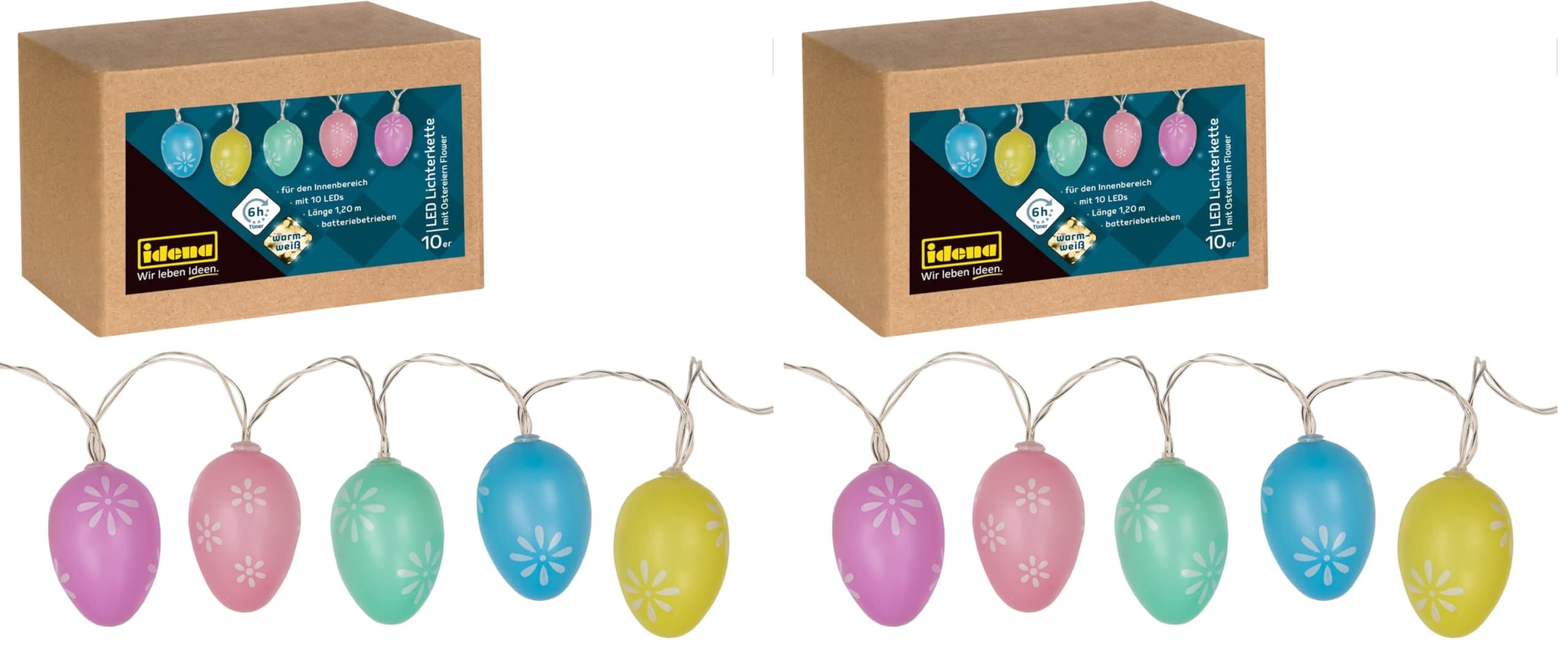Idena 31273 - LED Lichterkette für Ostern, mit 10 LEDs in Warmweiß, Ostereier mit Blumen Muster, 6 Stunden Timer Funktion, batteriebetrieben, ca. 1,2 m lang, Deko für Innen, Osterdeko, Frühling