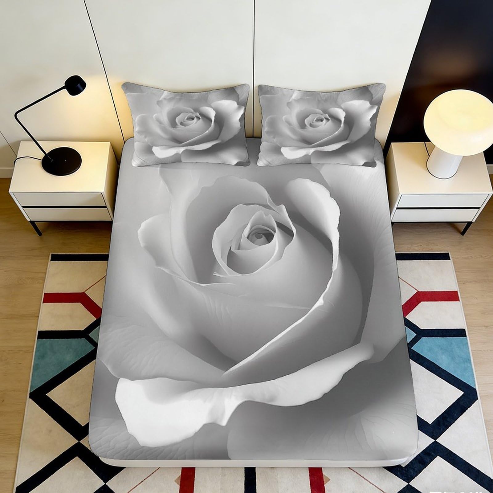 3D Printed Grey Rose Fitted Sheet Microfiber Soft Mattress Cover for Bedroom Decor, Dustproof, Machine Washable 140x200x25cm