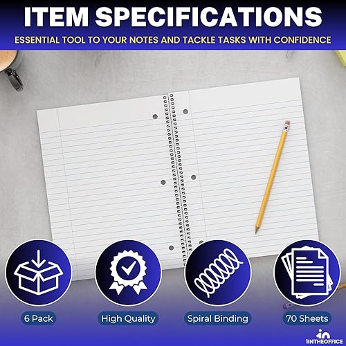 Miniatura 9 de 1InTheOffice Cuaderno de espiral de 1 materia, cuaderno espiral con rayas universitarias, 8 x 10.5 pulgadas, colores surtidos, 70 hojas, 6 unidades