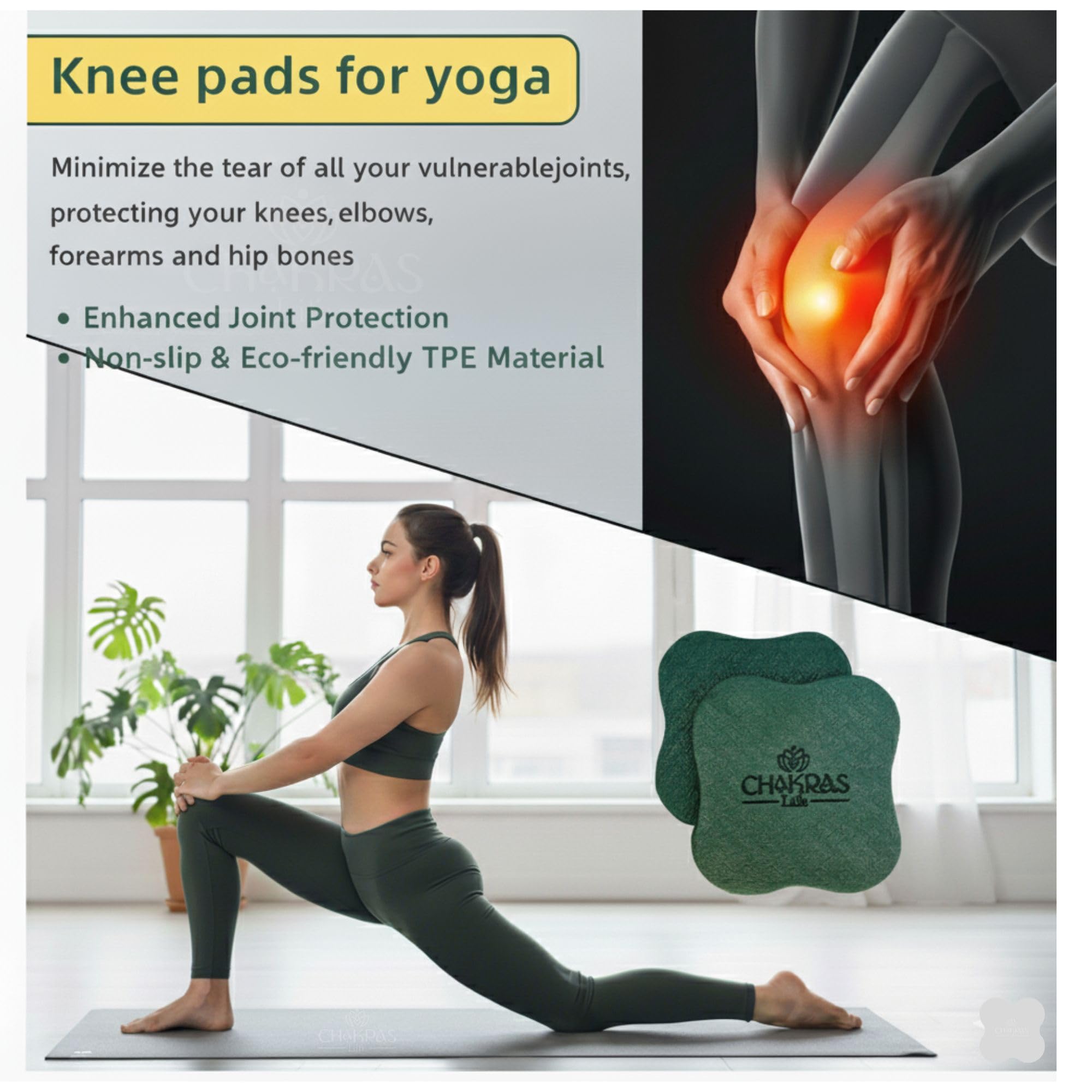 Chakras Life Yoga Knee Pad - Extra-Thick Comfort Cushion for Knees, Wrists, Elbows in Yoga, Pilates & Plank - Non-Slip | Set of 2 pcs | Bottle Green color 2