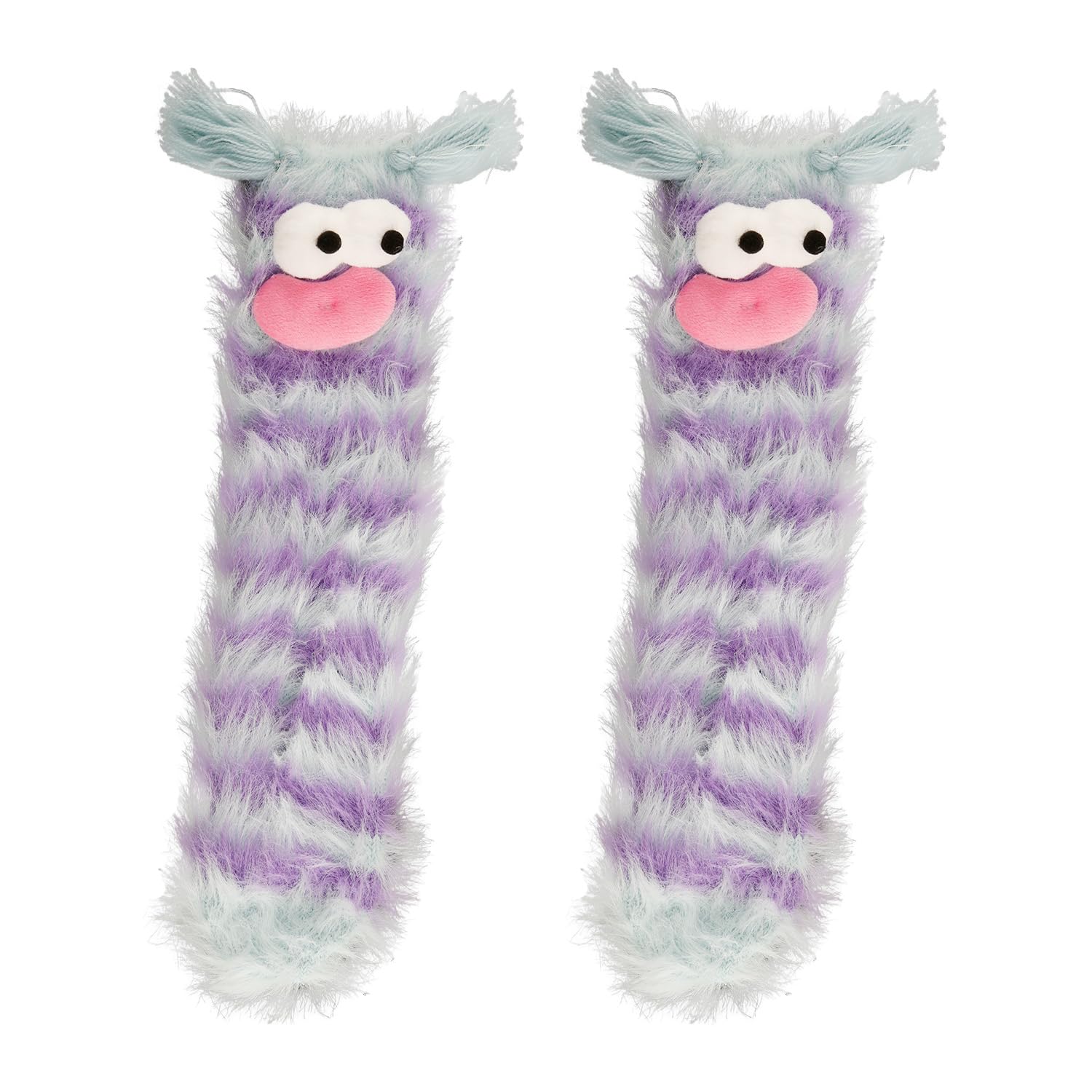 wellrun 2PCS Fluffy 3D Cartoon Monster Socks,Coral Velvet Cute Socks,Cozy Warm Fuzzy,Funny Plush Slipper Sock for Christmas and Cold Weather(Purple)