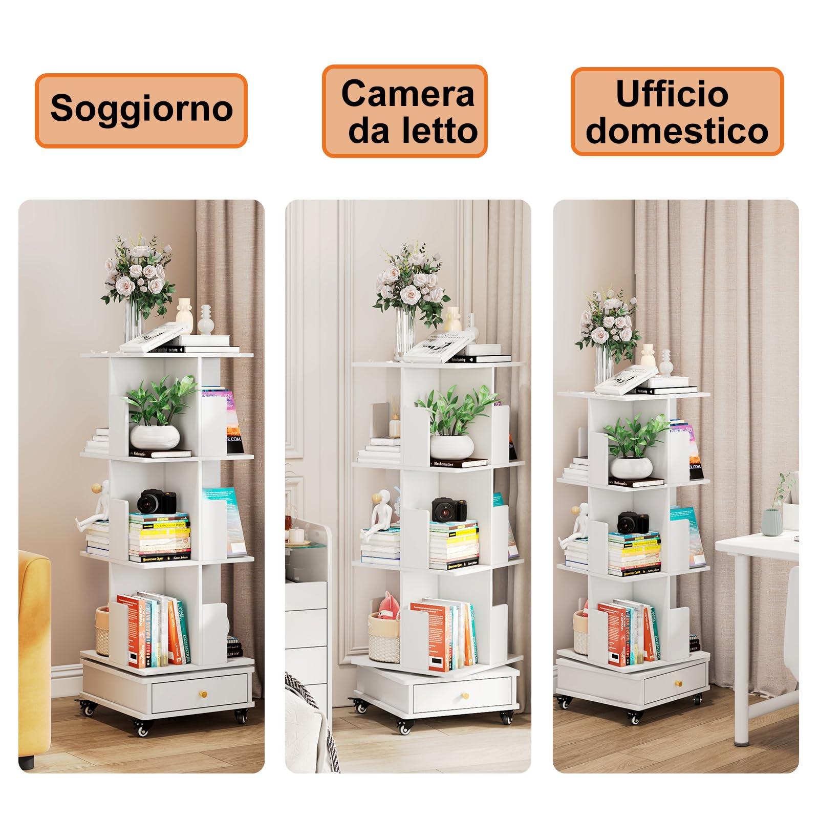 Libreria Girevole a 3 Livelli, Libreria Girevole 360 Gradi con 1 Cassetto e 4 Rotelle, Scaffale Girevole con Illuminazione a LED, Organizer per Soggiorno Studio Ufficio Libri, Bianco
