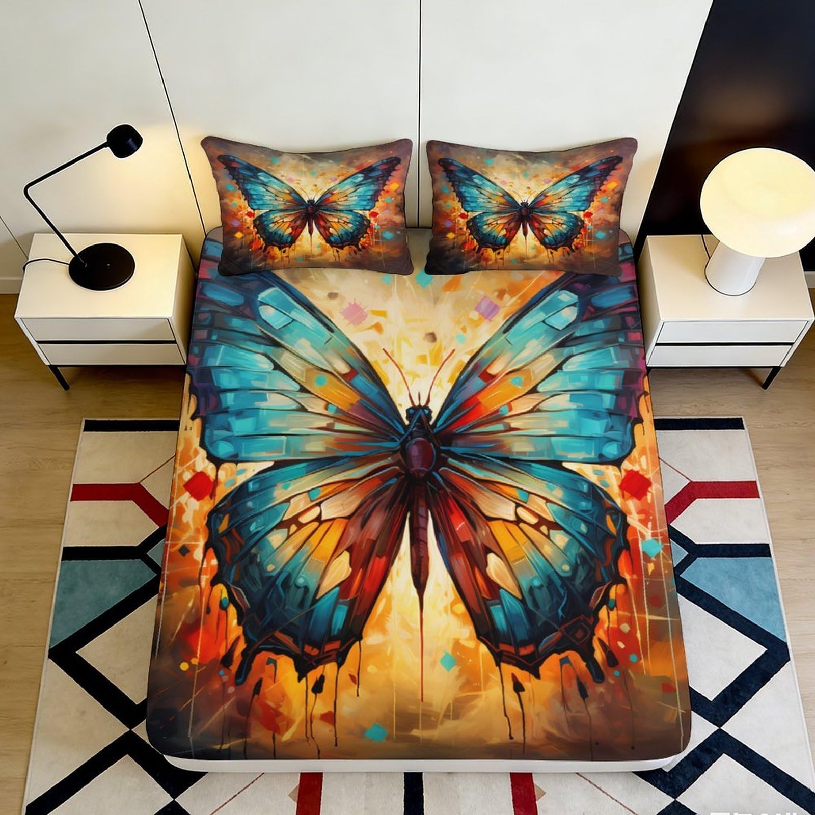 3D Printed Colorful Butterfly Fitted Sheet Microfiber Soft Breathable Abstract Art Bed Cover for Bedroom Dormitory Guest Room Mattress Protection 200x200x25cm