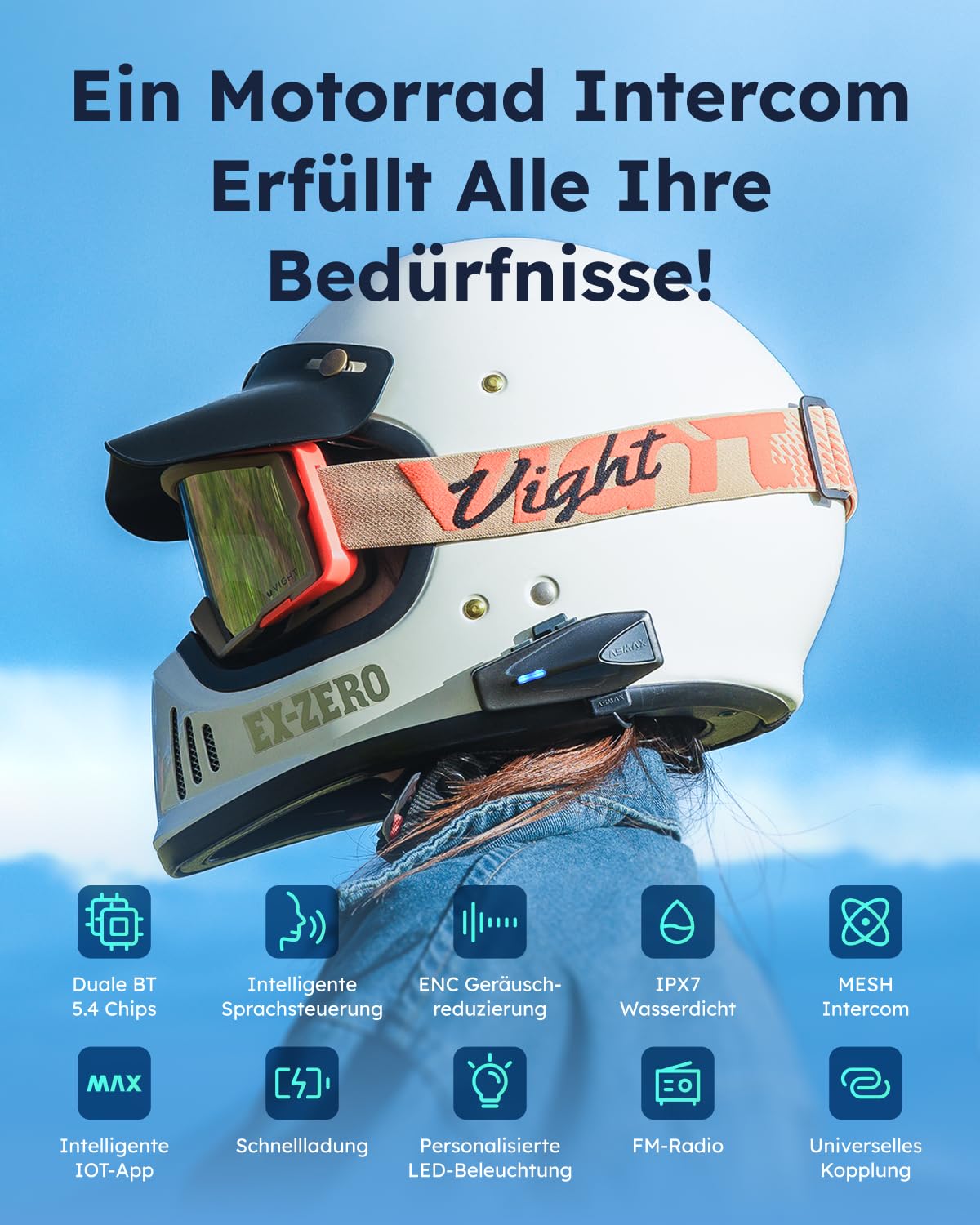 ASMAX S1 Motorrad Bluetooth Headset, Mesh Intercom für 8 Fahrer, Bluetooth 5.4 Helm Gegensprechanlage mit Sprachsteuerung/CloudTalk für 50 Fahrer/FM Radio/Schnellladung/Musik Teilen, Einzelpack