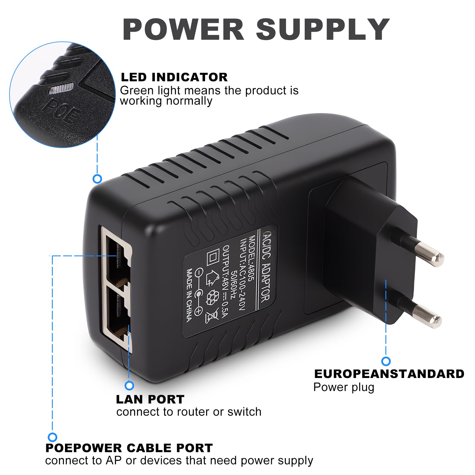 Zunate Adattatore Ethernet per Iniettore Poe da Parete 48V 0,5A Alimentatore per Telecamera per Telefono IP (Spina UE)