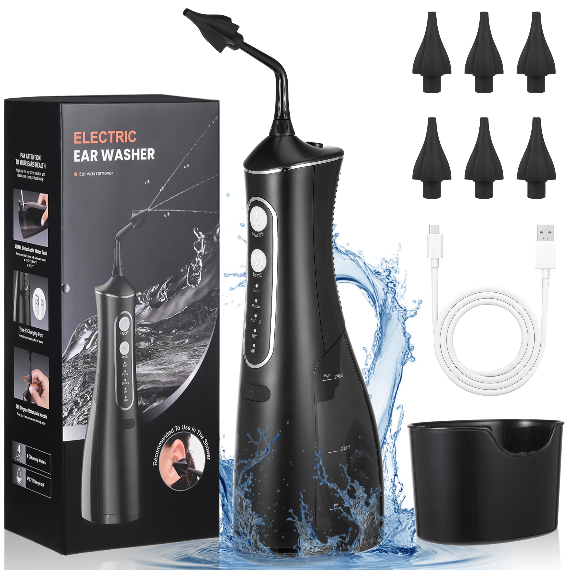 Ear Wax Removal Kit, Gentle & Effective Electric Ear Irrigation Cleaning Tools, More Safer Ear Wax Cleaner Syringe Kit with 4 Cleaning Modes and 6 Reusable Tips