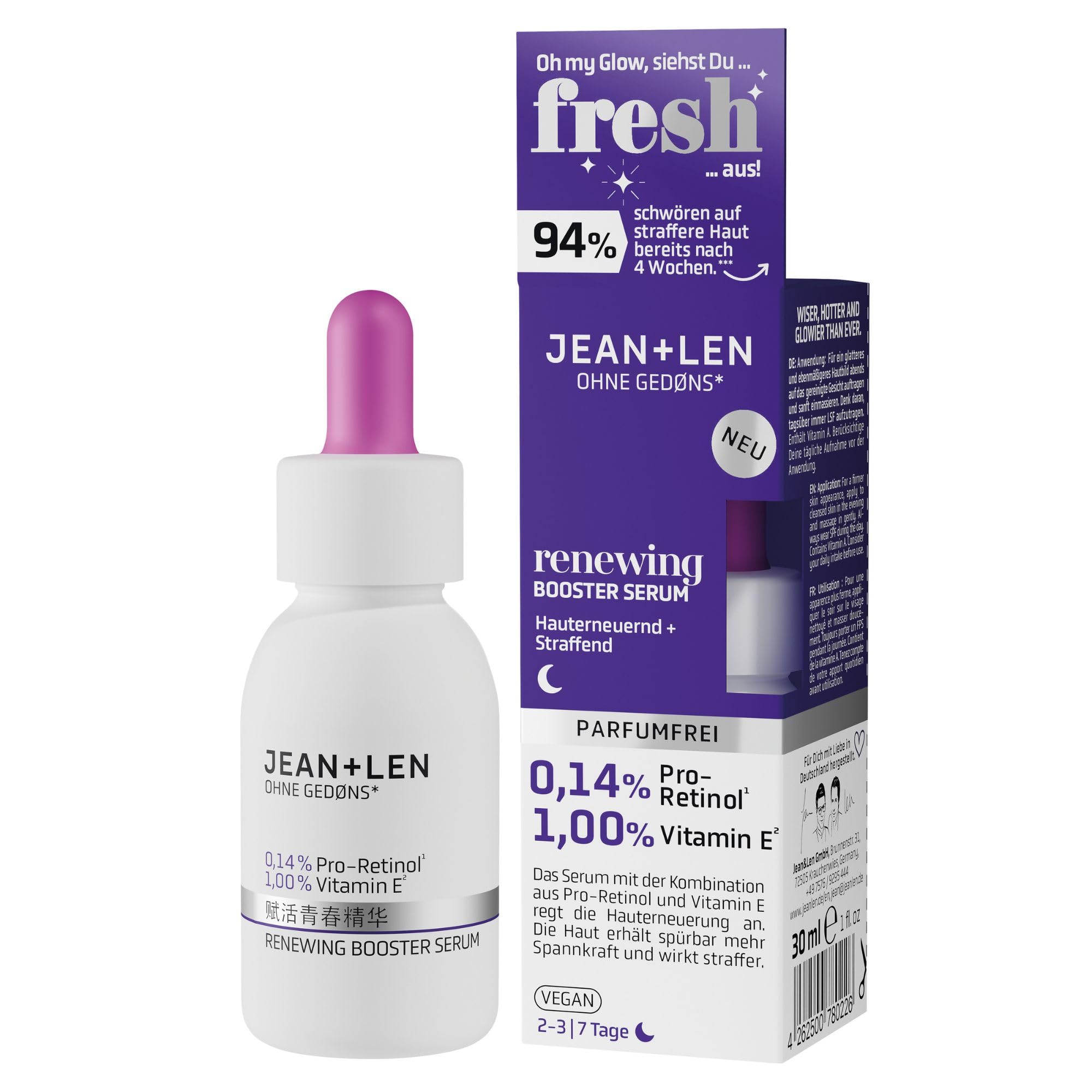 Jean & Len Renewing Booster Serum, ideal für jeden Hauttyp, steigert die Elastizität & Spannkraft der Haut, mit Pro-Retinol* und Vitamin E**, parfümfrei, vegan, 30 ml