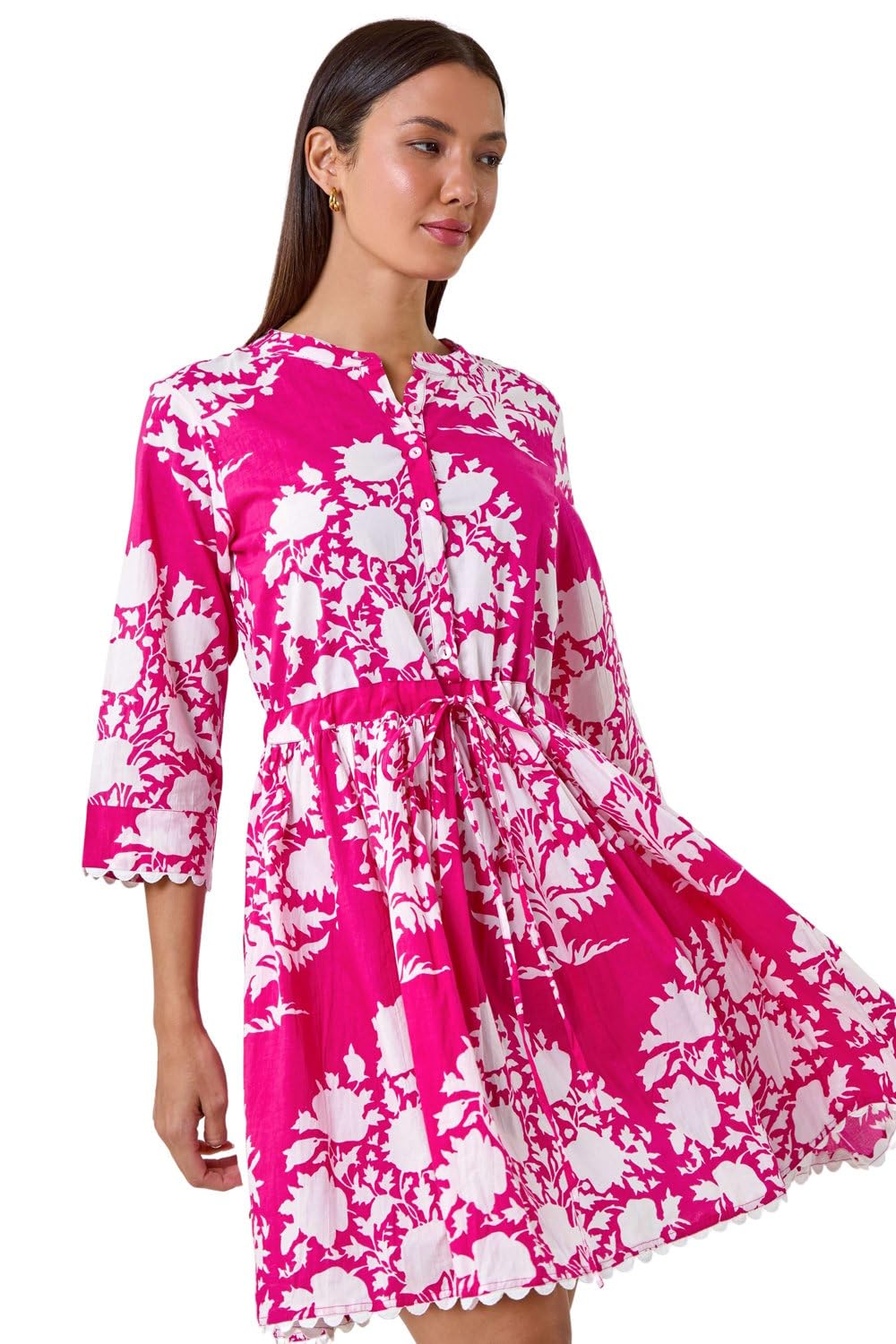 Roman Originals Floral Button Smock Dress for Women UK - Ladies Everyday Holiday Spring Summer Notch Neckline Comfy Soft Evening Vacation Work Party - Fuchsia - Size 20