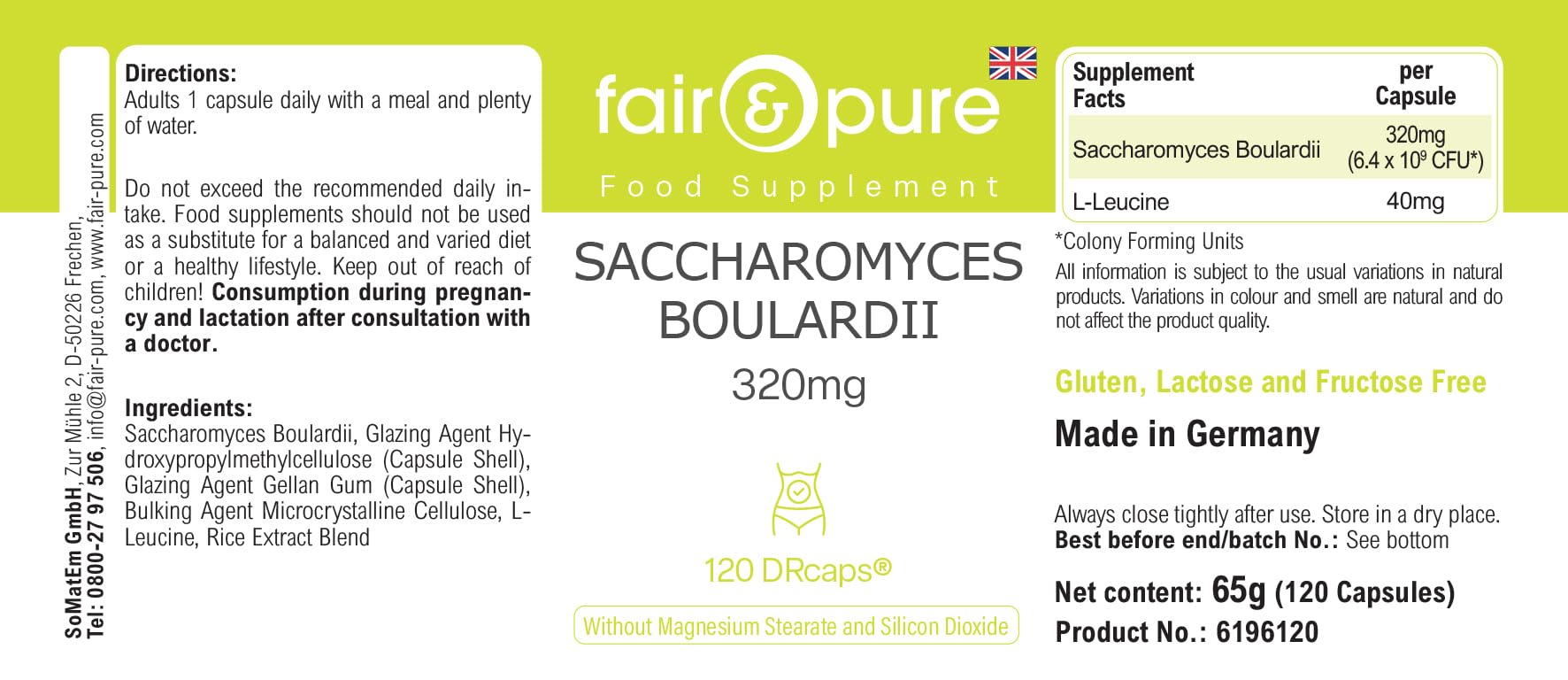 Fair & Pure® - Saccharomyces boulardii - 120 capsules - 6,4 milliards de levures probiotiques sous forme de DRcaps