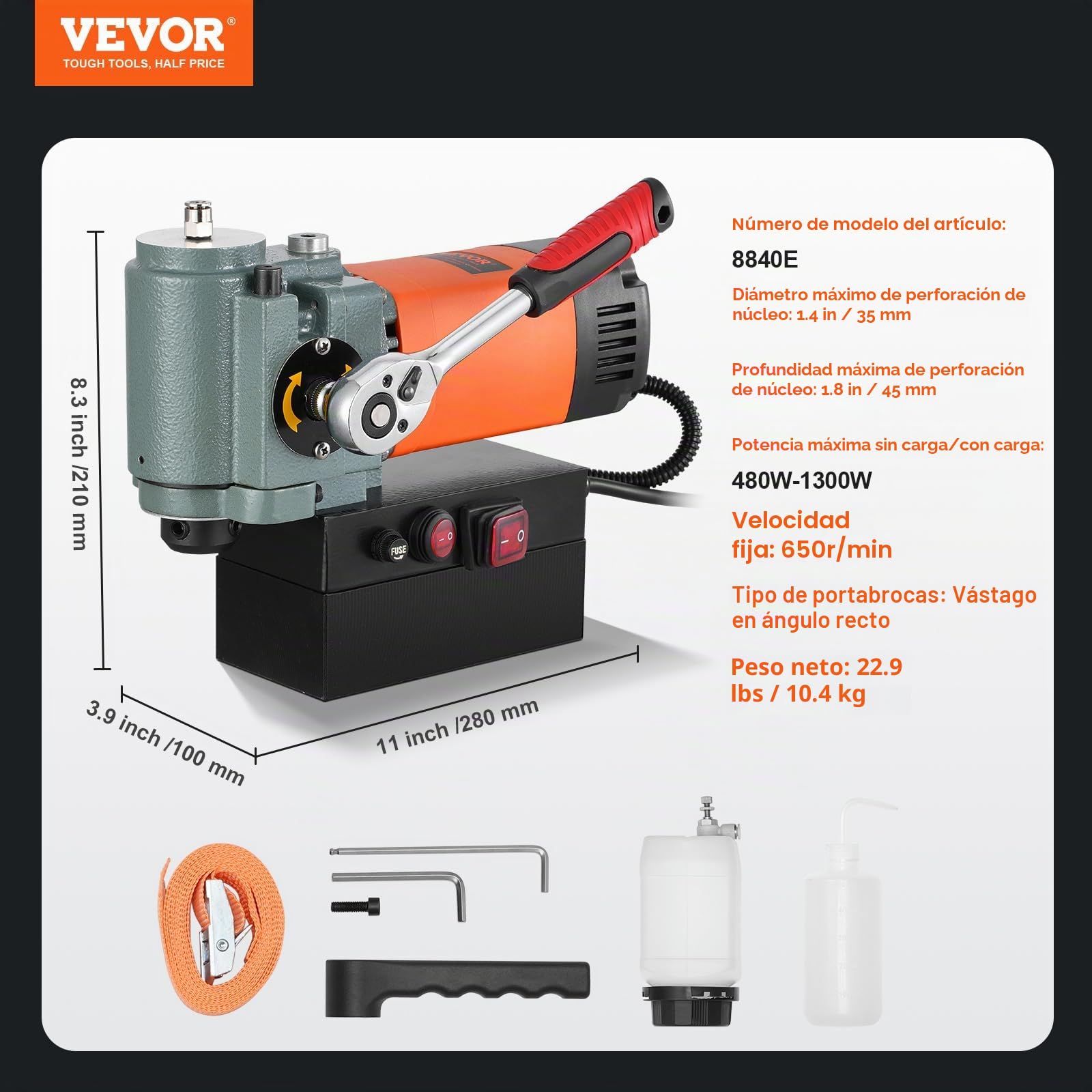 VEVOR Taladro Magnético de Perfil Bajo 1300 W Taladro Magnético Ligero y Portátil con Dispositivo de Enfriamiento y Protección contra Sobrecarga Prensa Magnética para Instalación de Equipos