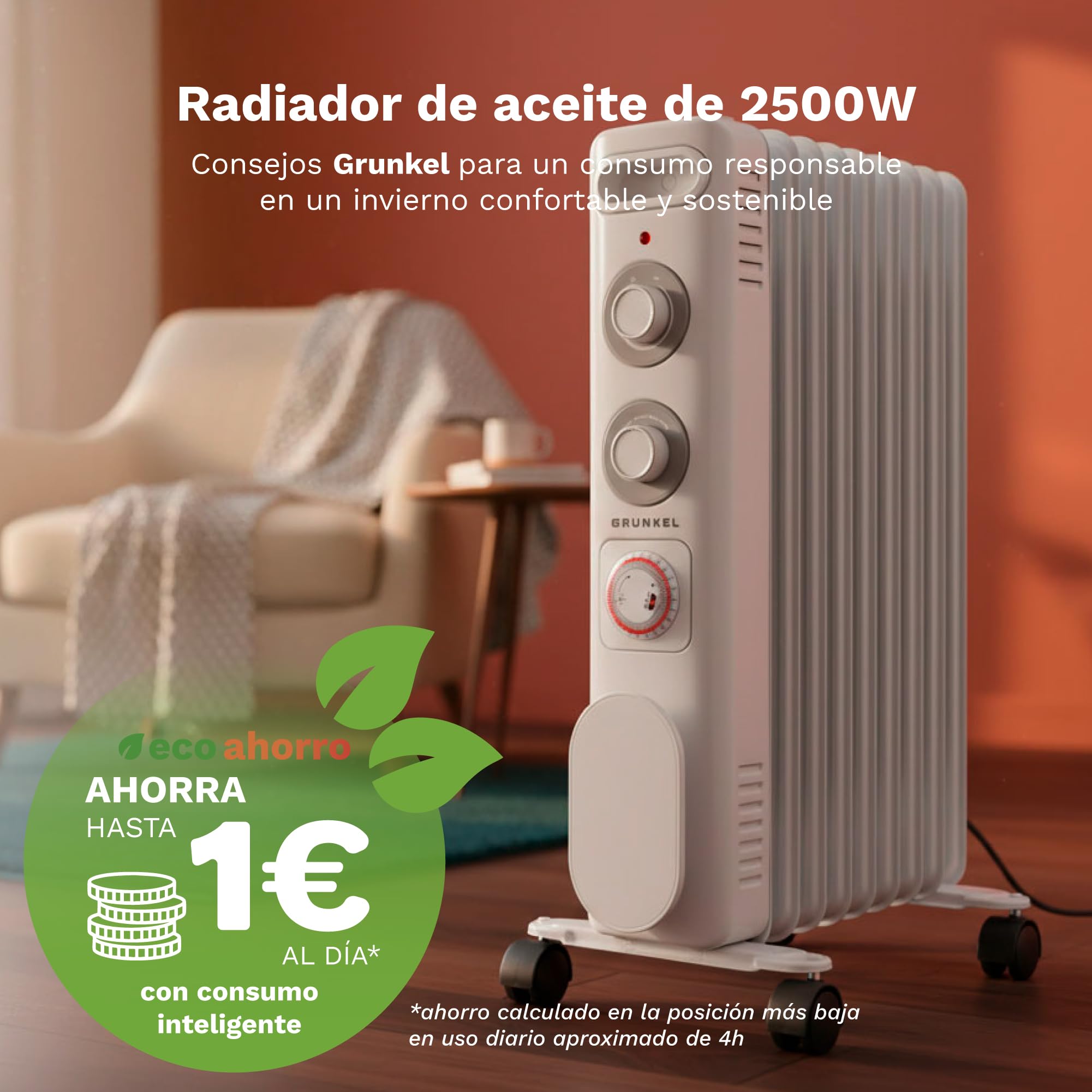 GRUNKEL RD-2000S Radiador de Aceite, 2000W-2500W, 9 Elementos, 3 Niveles de Potencia, Temporizador 24h, Termostato Regulable, Ruedas Multidireccionales