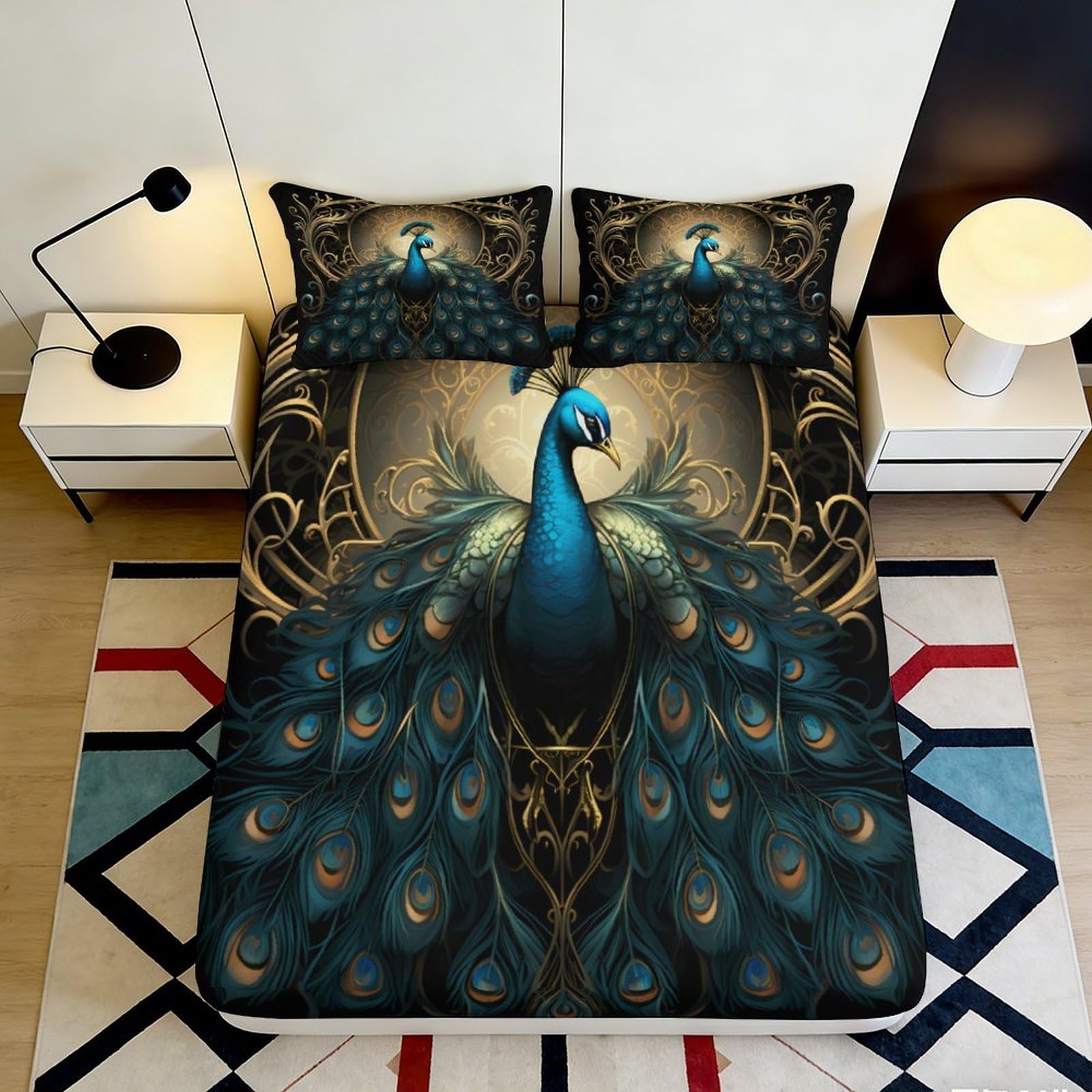 3D Printed Peacock Fitted Sheet Microfiber Deep Pocket Elastic Hem Peacock Mattress Fitted Cover Non-Slip Bedroom 200x200x25cm