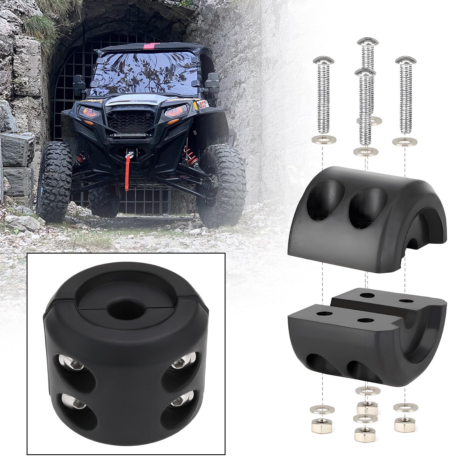 ECSiNG 2 Ensembles Bouchon de Crochet de câble de treuil en Caoutchouc, économiseur de Ligne en Caoutchouc, Accessoires de treuil pour ATV UTV, Corde de treuil synthétique Noire avec clé Allen