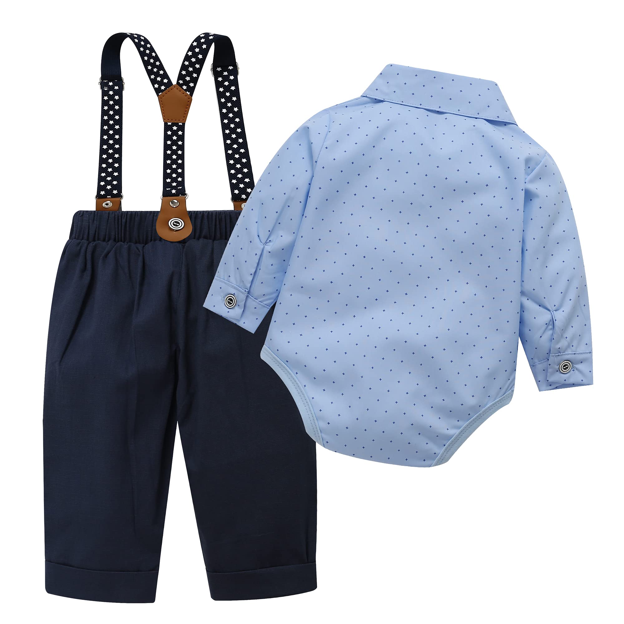HeMarIsle Baby Toddler Boy Formal Gentleman Suits,Dress Long Sleeve Blue Shirt With Bowtie+Suspender Pants Dressy Outfit (3136Light blue, 3-6 Months)