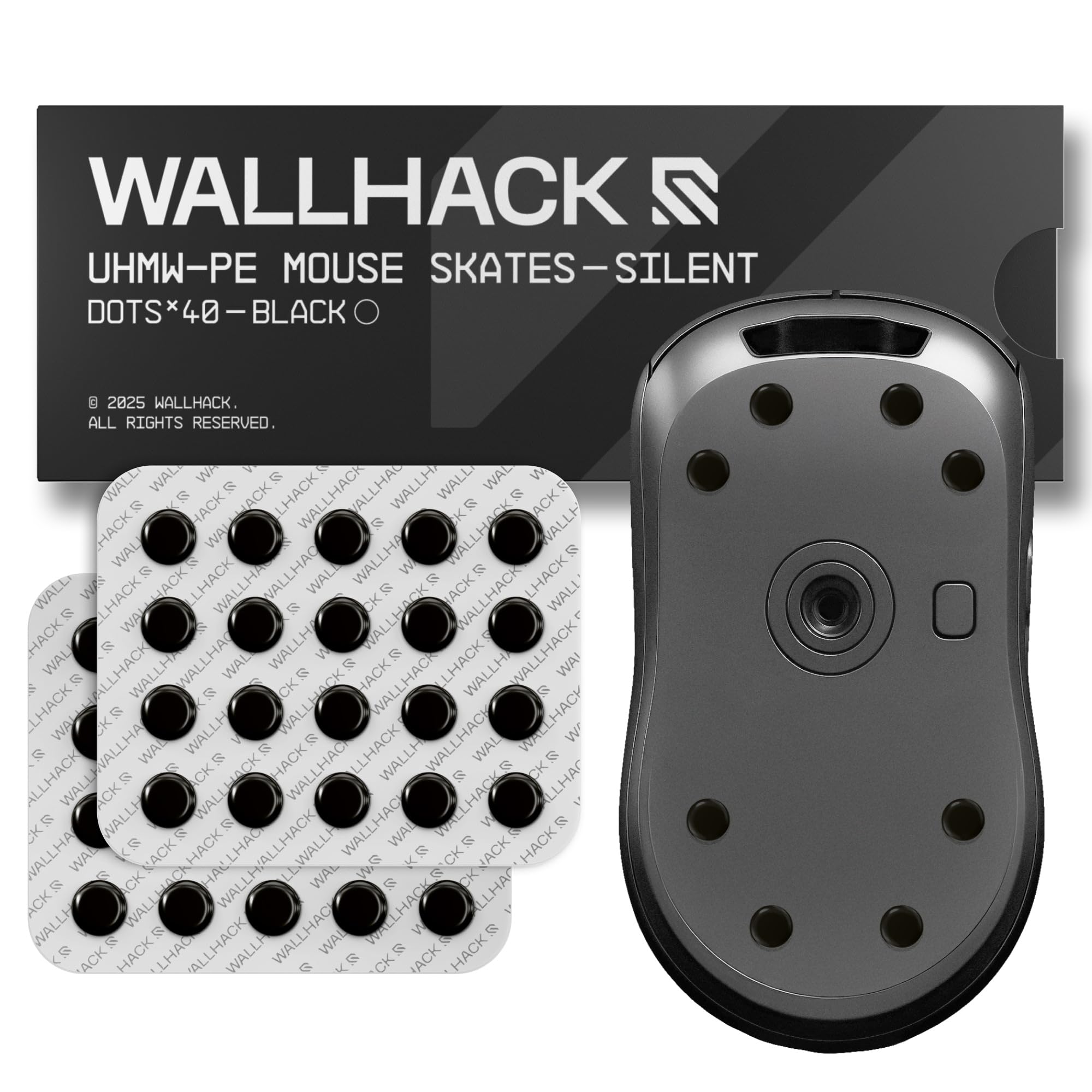 Wallhack UHMW-PE Dot Silent Mouse Skates | Premium Universal Skates for Gaming Mice | Ultra-Smooth Glide on Cloth & Glass Pads | Customize Speed & Control | Durable, Easy to Apply | Black 7mm x 7mm UHMW-PE - Silent - Black Dots