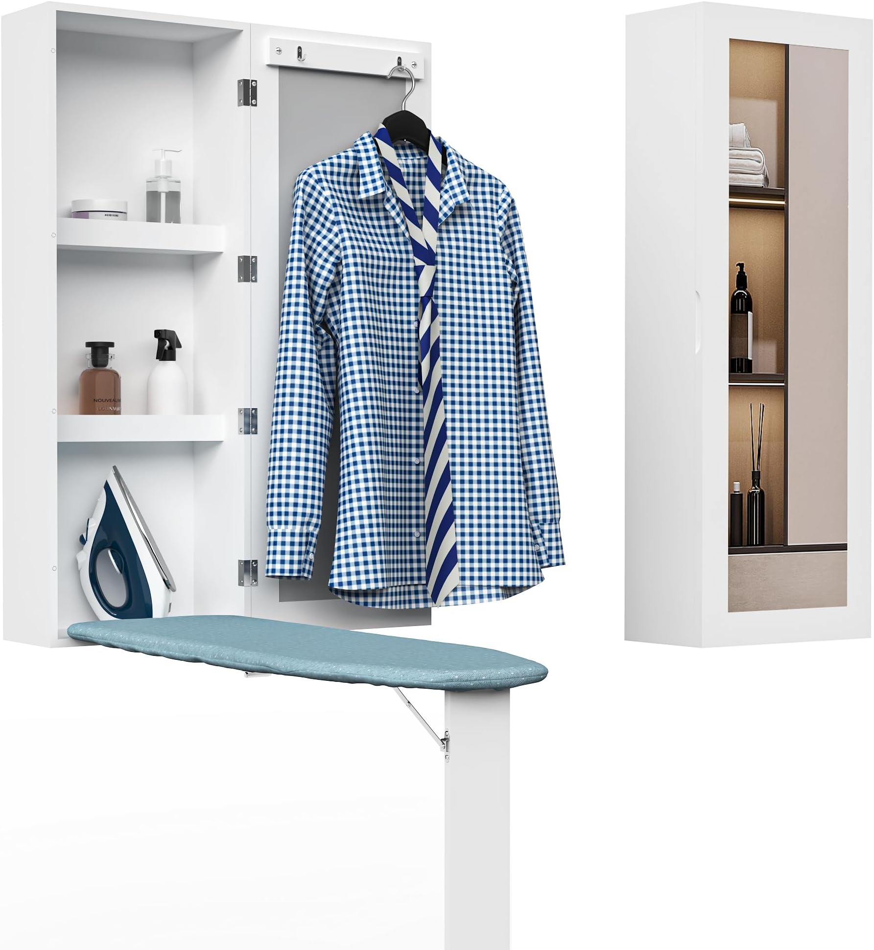 Wall Mounted Ironing Board Cabinet with Iron Storage, Built in Ironing Center, Hanging Ironing Board for Laundry, Folding Leg & Mirror