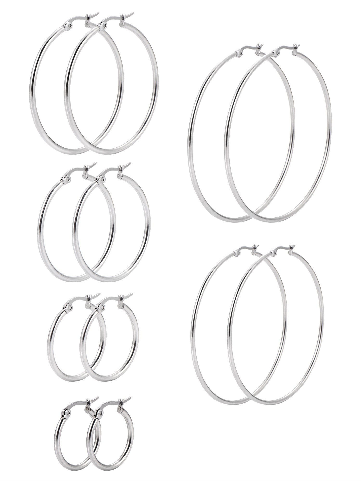 Lot de 6 paires de boucles d'oreilles anneaux en acier inoxydable