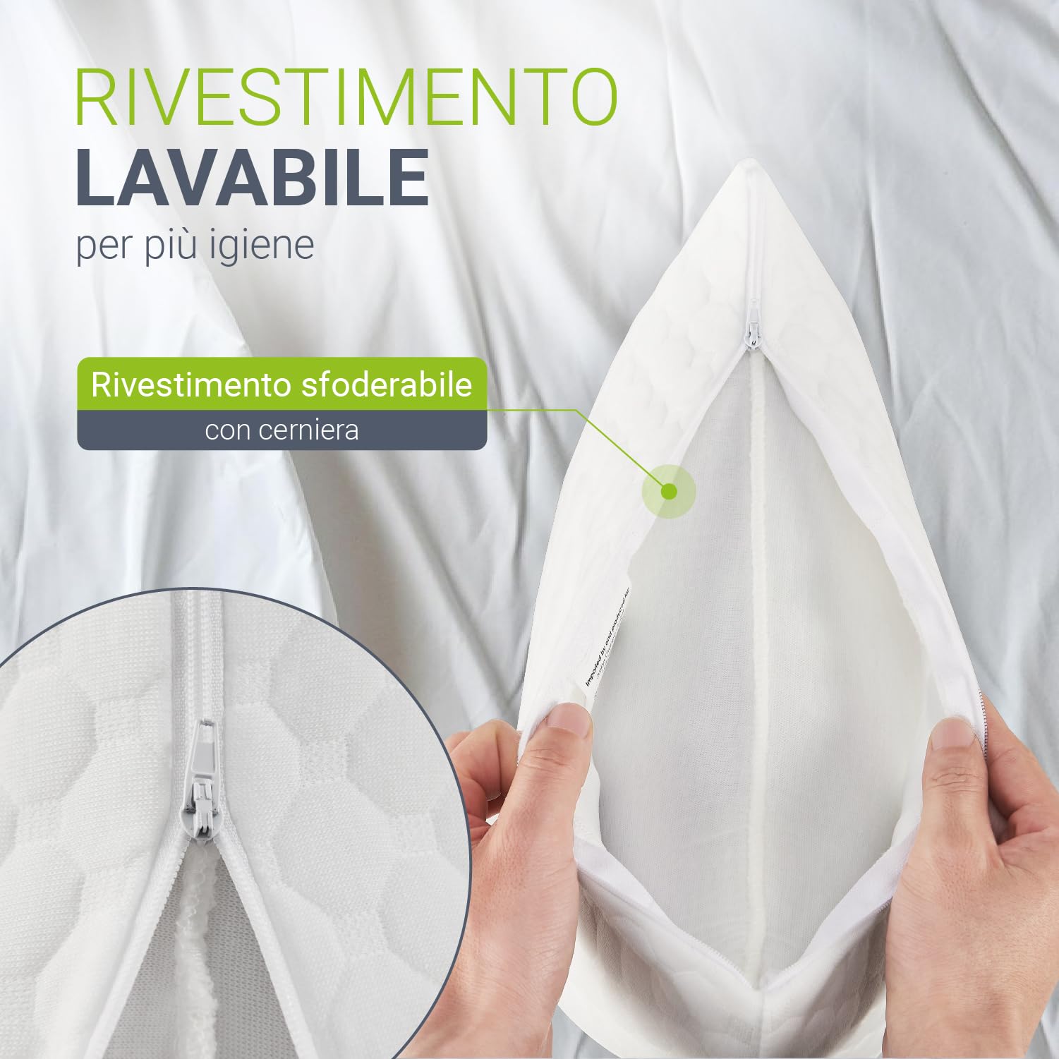 Juskys set da due cuscini da 40x60 cm per il letto – Imbottitura traspirante in memory foam – Fodera lavabile – Bianco