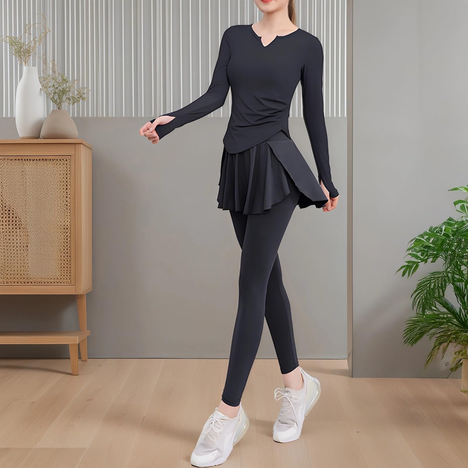 Set da pilates da donna, nero, 2 pezzi, taglia XXL, con top a maniche lunghe e gonna, traspirante ed elastico, nero, taglia unica