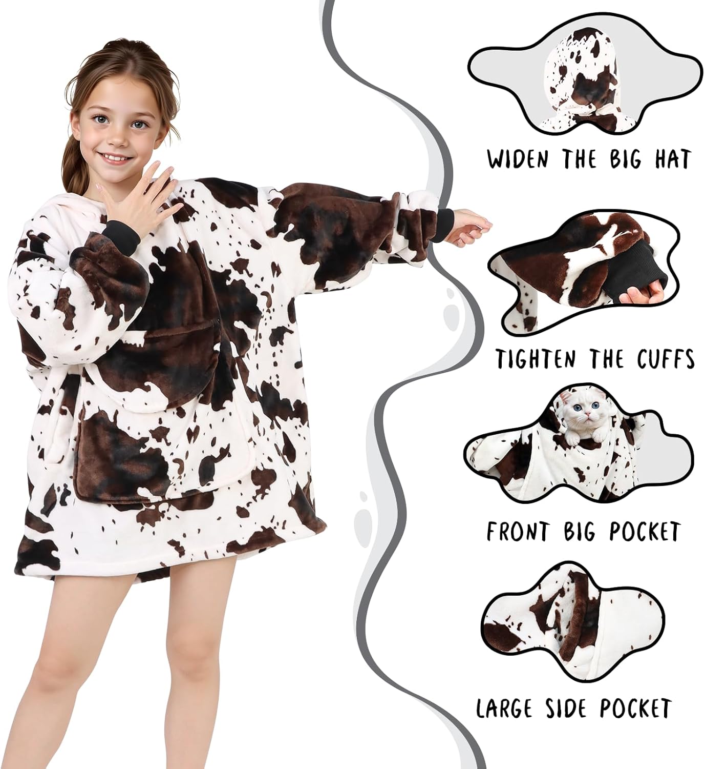 Wearable Blanket Hoodie Kids Cow Print Sweatshirt Blanket with Giant Pocket Warm Cozy Cow Hooded Blanket 6-10 Year Old Girl Boy Birthday Cow Gifts - Image 4