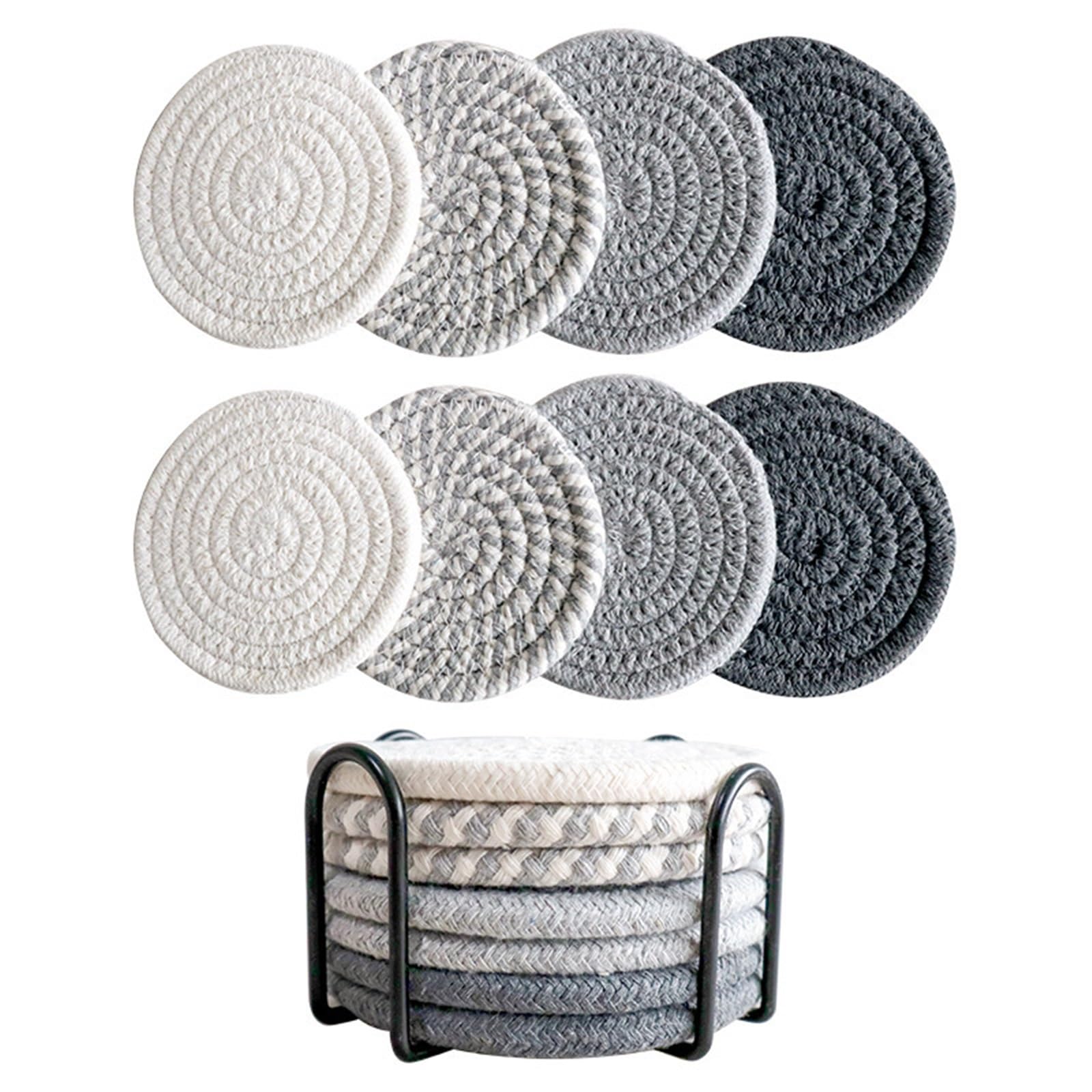 Insulated Coasters 8Pcs Cup Coasters Drinks Absorbent Woven Coaster Set with Holder Farmhouse Cloth Fabric Coffee Tea for Drinks Coffee Pads Beer Home Office(Gray)