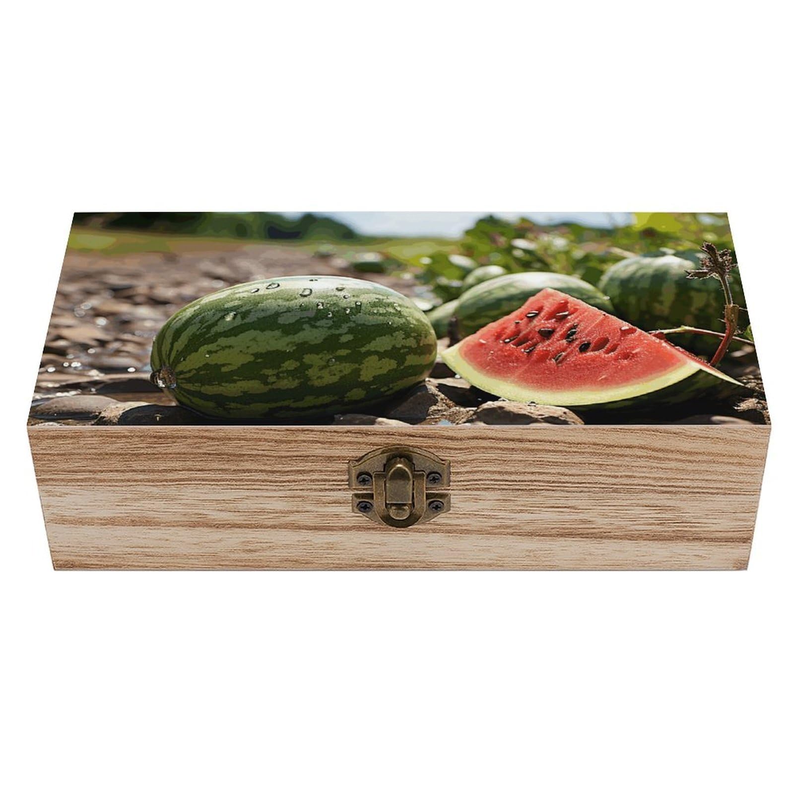 Wooden Storage Box Watermelon on The Ground Wood Gift Box with Hinged Lid Vintage Decorative Jewelry Boxes Memory Box for Jewelry Art Hobbies Home Storage Treasure Keepsake Gift 7.9''x3.9''x2.3''