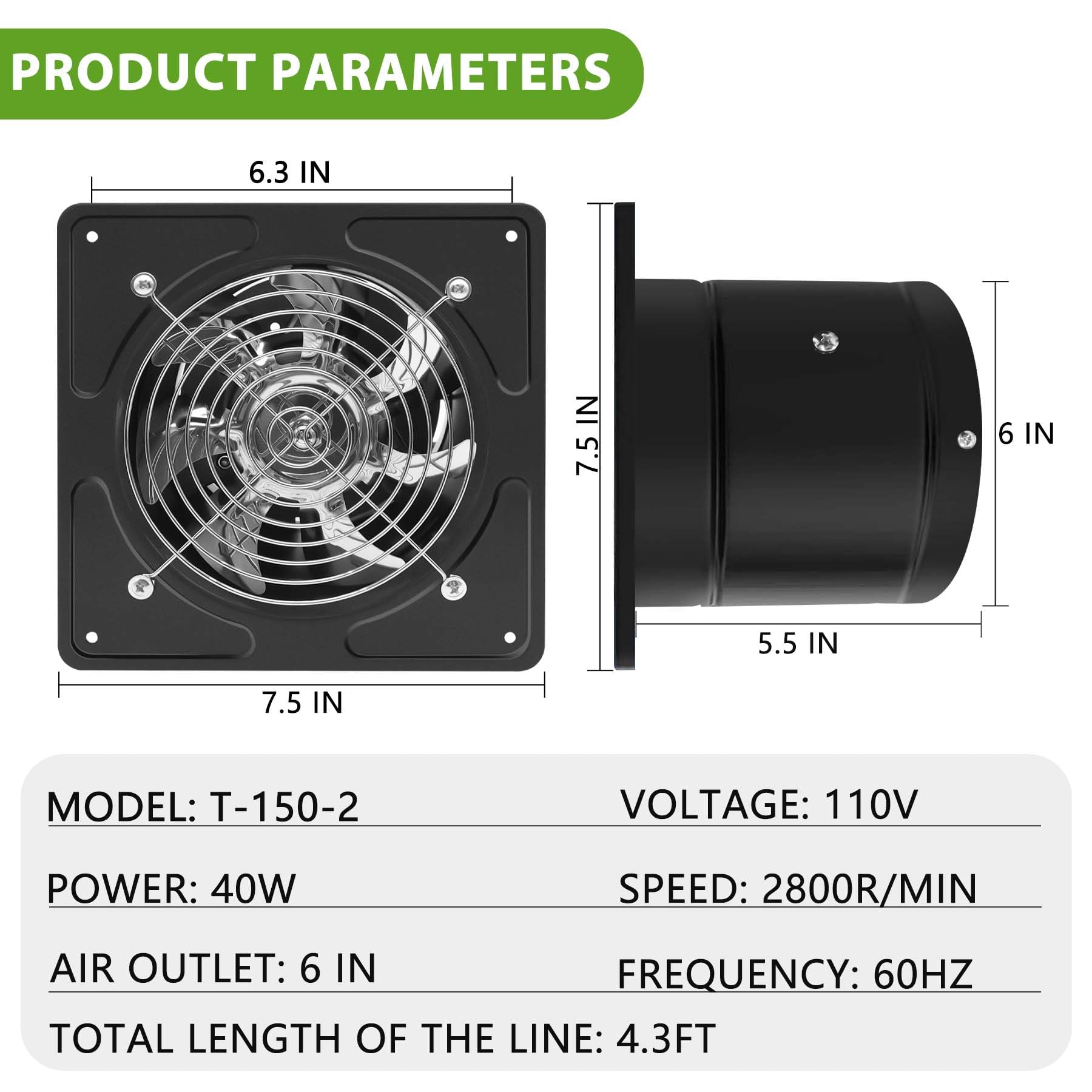Extractor de cocina de 6 pulgadas con controlador de velocidad, ventilador de pared de 235 CFM, ventilador de ventilación de 115 V y 40 W para cocina, sala de reuniones, tienda, sala de 2