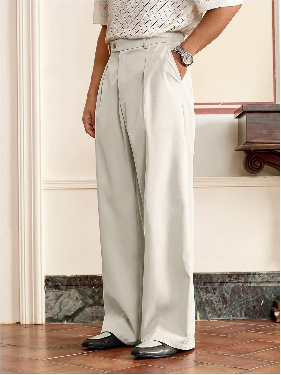 BEAUDRM Men's Pleated Baggy Dress Pants High Waisted Wide Leg Pants Casual Work Trousers with Pockets Slacks for Men - Image 2