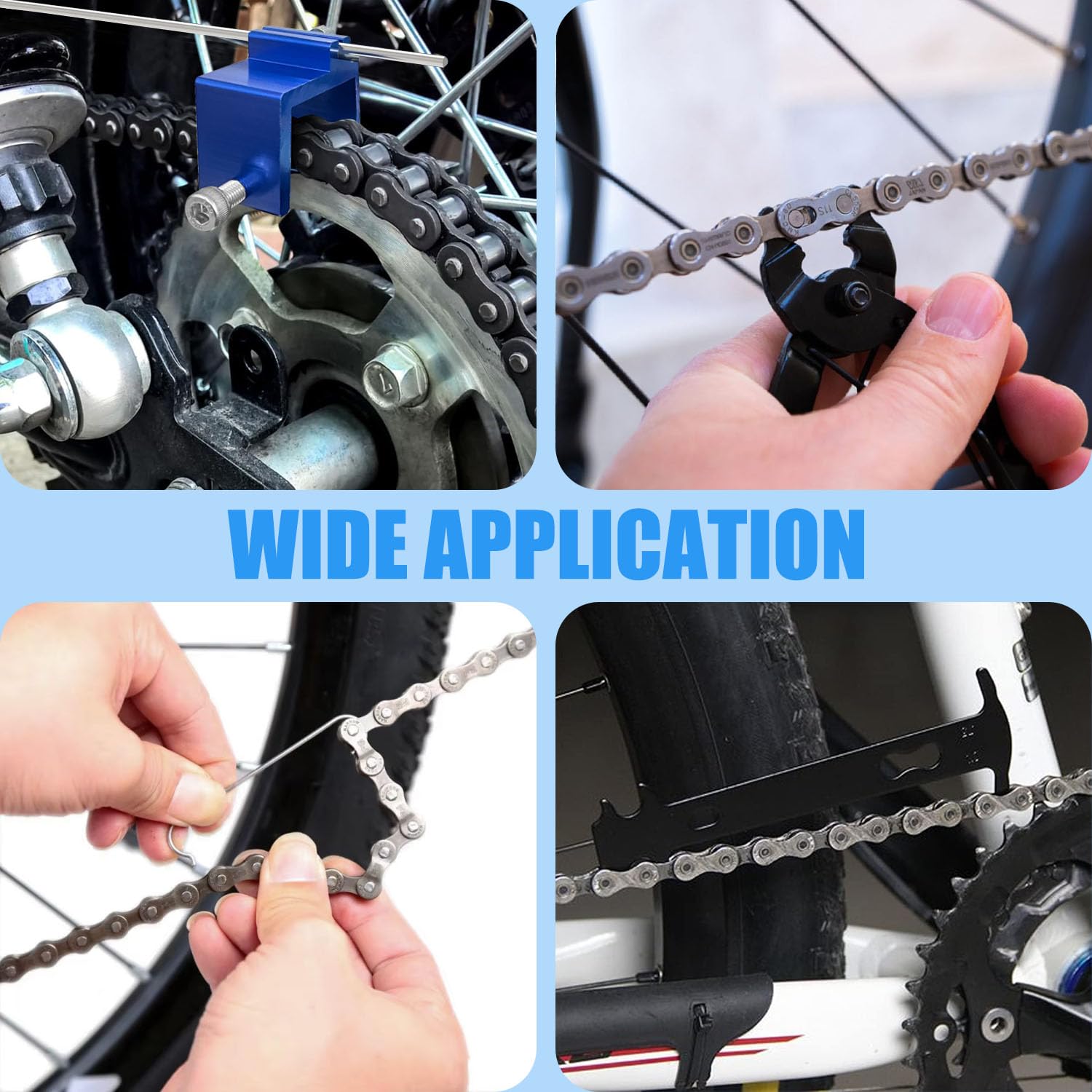 Set di 3 attrezzi per l'allineamento della catena, per moto, con catene per biciclette, rivetti e pinze per lucchetto, set di riparazione per moto, ATV e biciclette