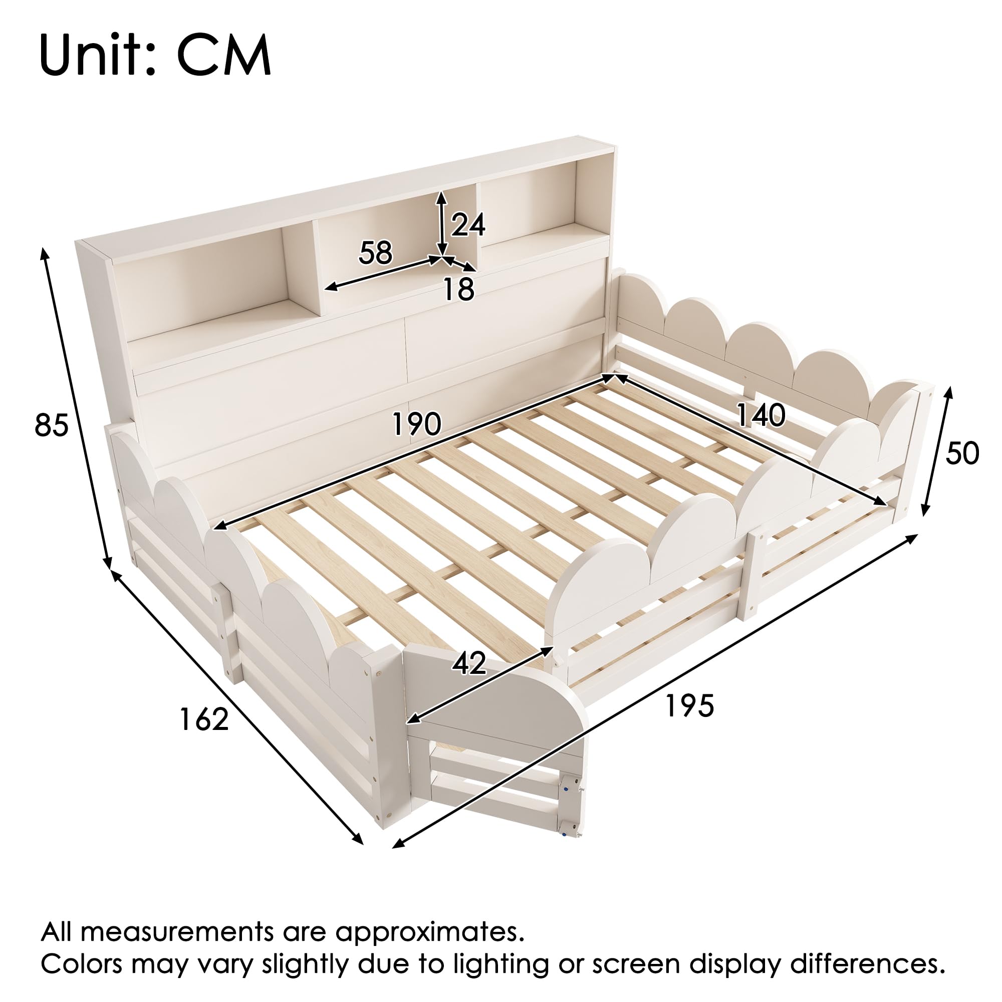 Cama de Suelo Infantil de Madera, con Barrera y Estante, Blanco, 140x190 cm