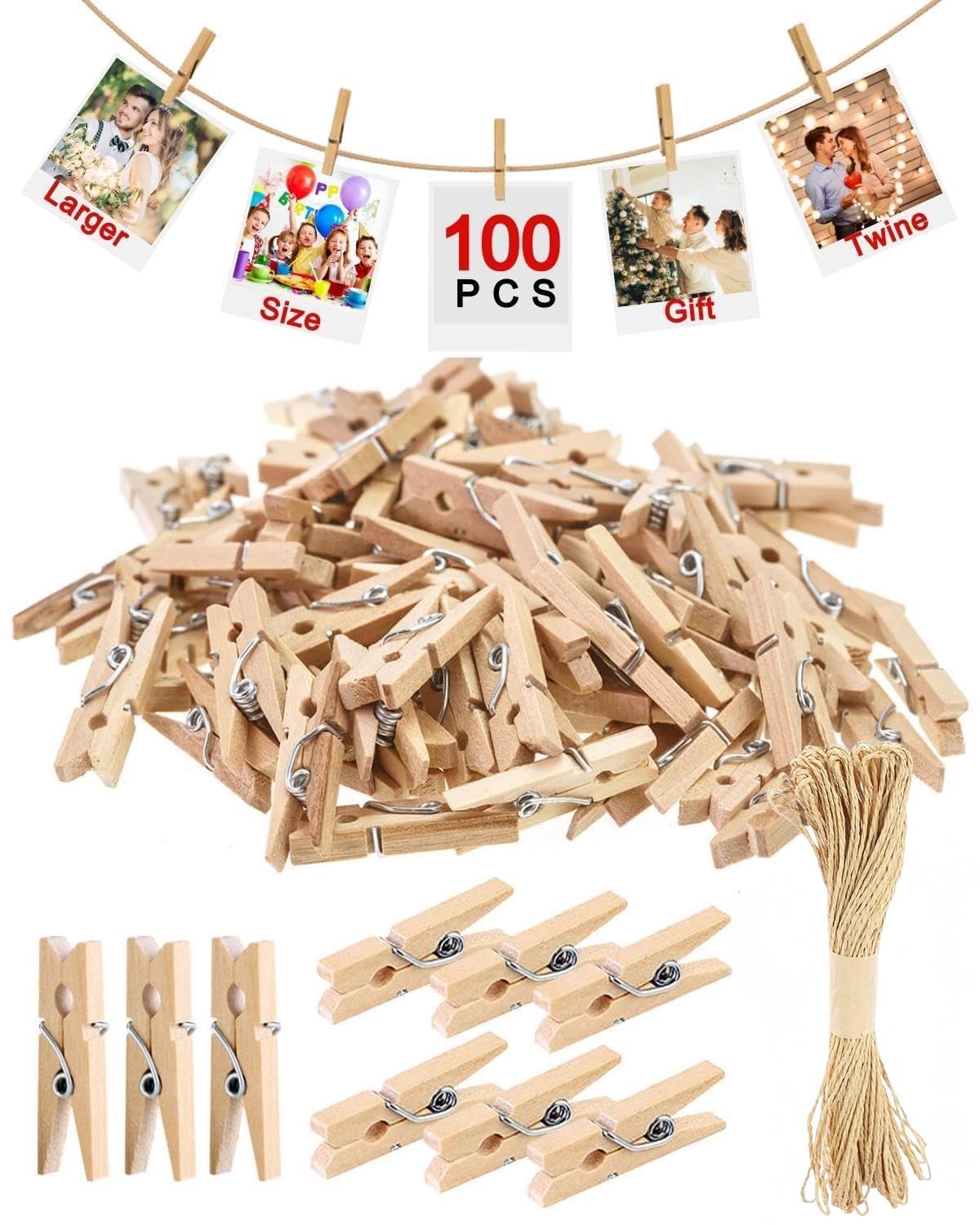 Goedeke 100Pcs 100 Pcs Mini Wooden Pegs, 3Cm Small Photo Pegs, Natural Photo Clips Peg With 10M Jute String For Photo Wall Display, Craft, Weddings, Parties, Christmas Card Pegs