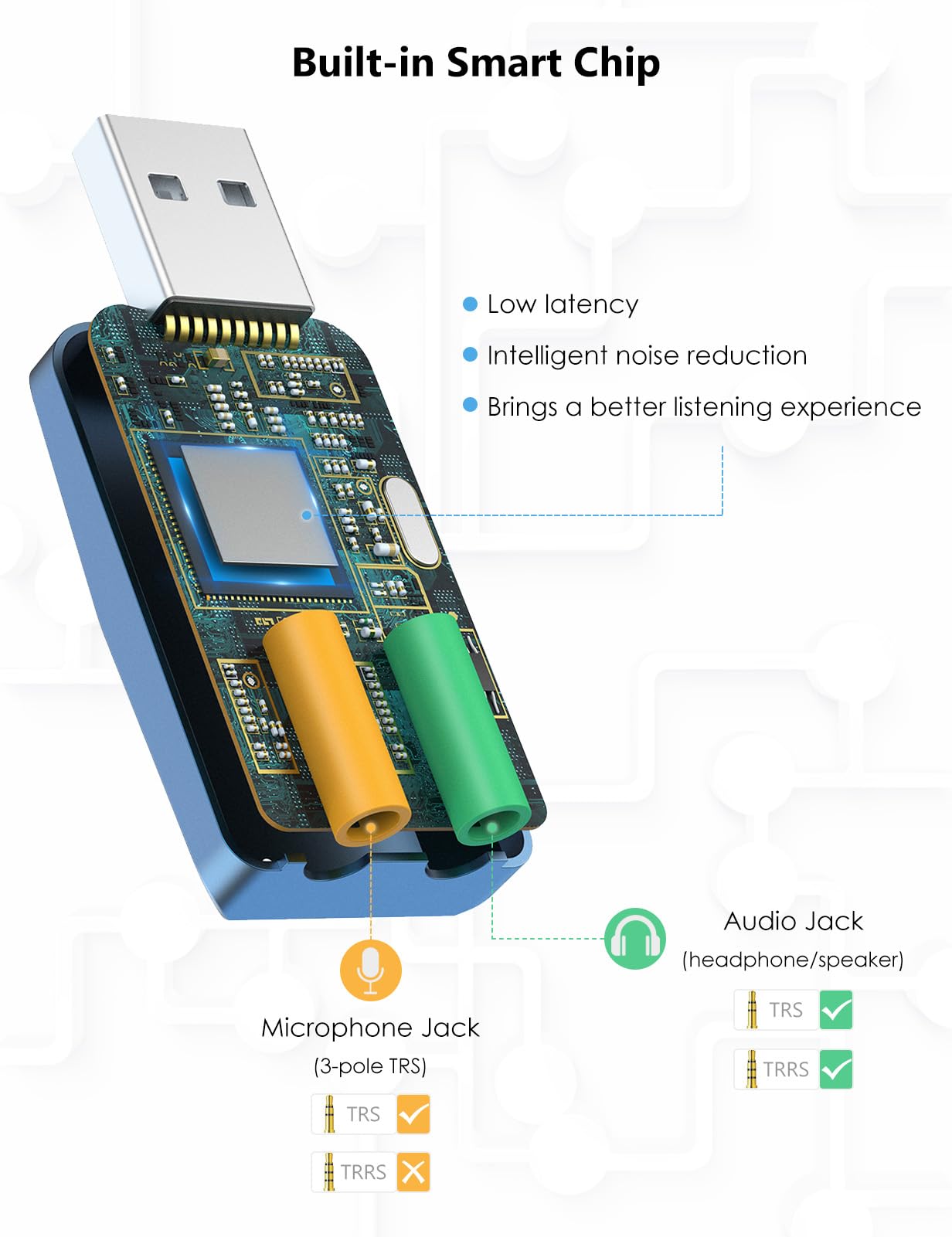 Tarjeta de sonido USB externa con función de grabación interna, adaptador USB portátil a conector de audio de 0.138 in para PC, computadora, grabación, entrenamiento, transmisión, podcasting, 5