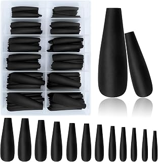 AddFavor XXL Extra Long Press on Nails Coffin Matte Fake Nails Full Cover Acrylic False Nails 12 Sizes 120pcs Black Nail Tips for Women Fingernails Manicure Design