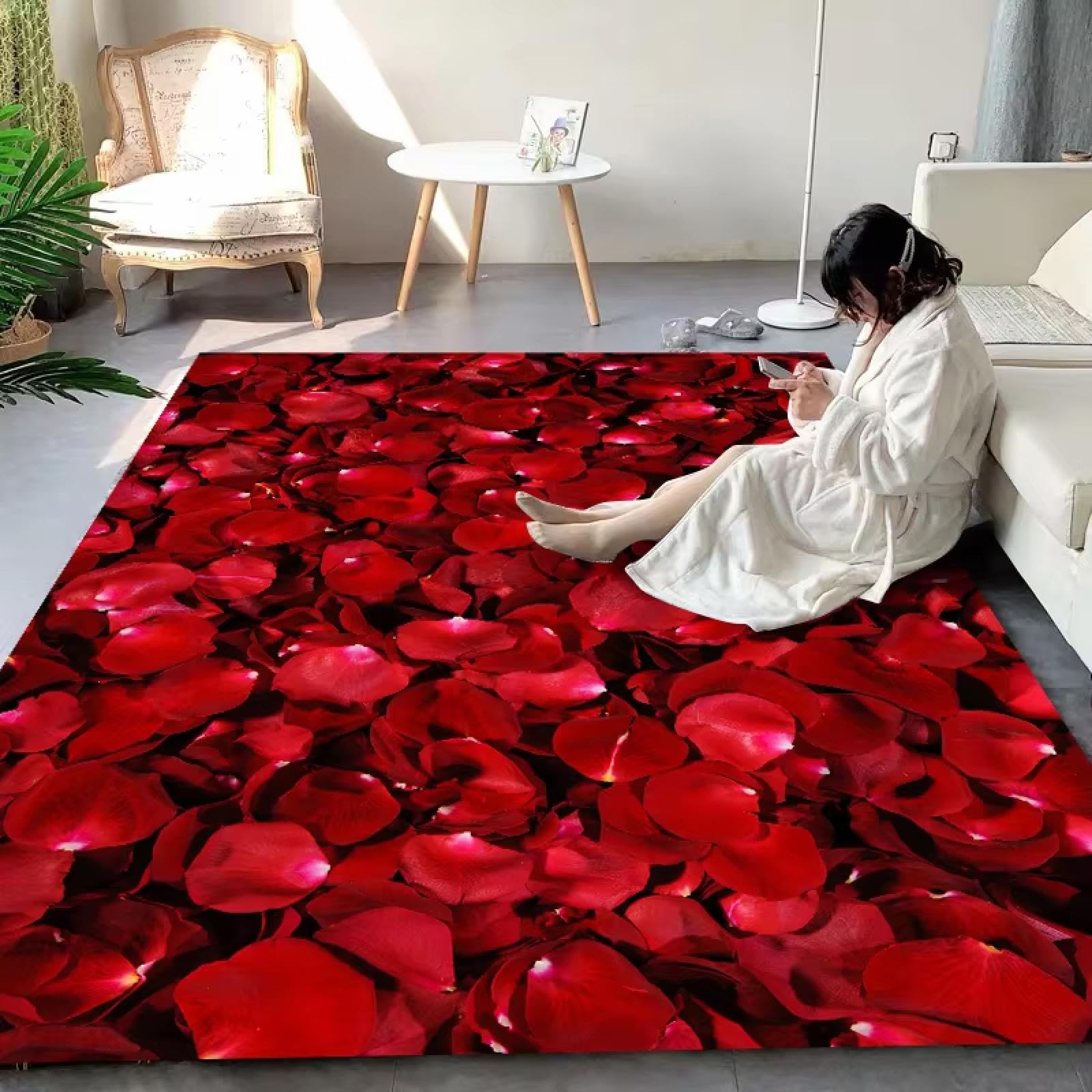 Tapis de salon rose 50x80cm rectangulaire à motif de pétales rouges