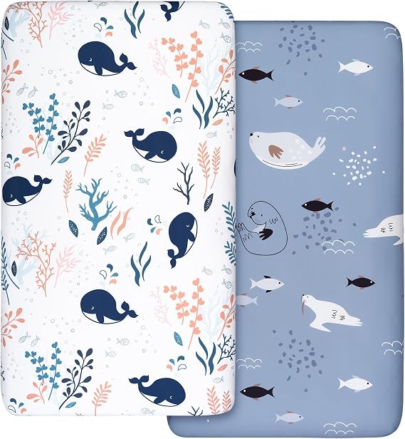 GLLQUEN BABY Lot de 2 Draps Housse Microfibre Motif Baleine pour Berceau