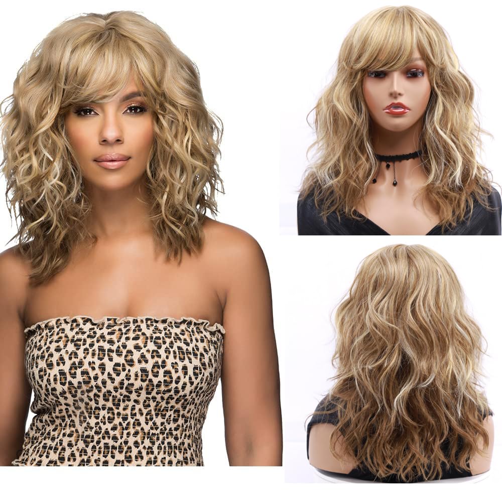 Sheila Beauty Short Black Wig,Bob Wig with Bangs Wavy Wigs for Women Synthetic Shoulder Length Hair Natural Looking Wigs（14 Inch,Black)