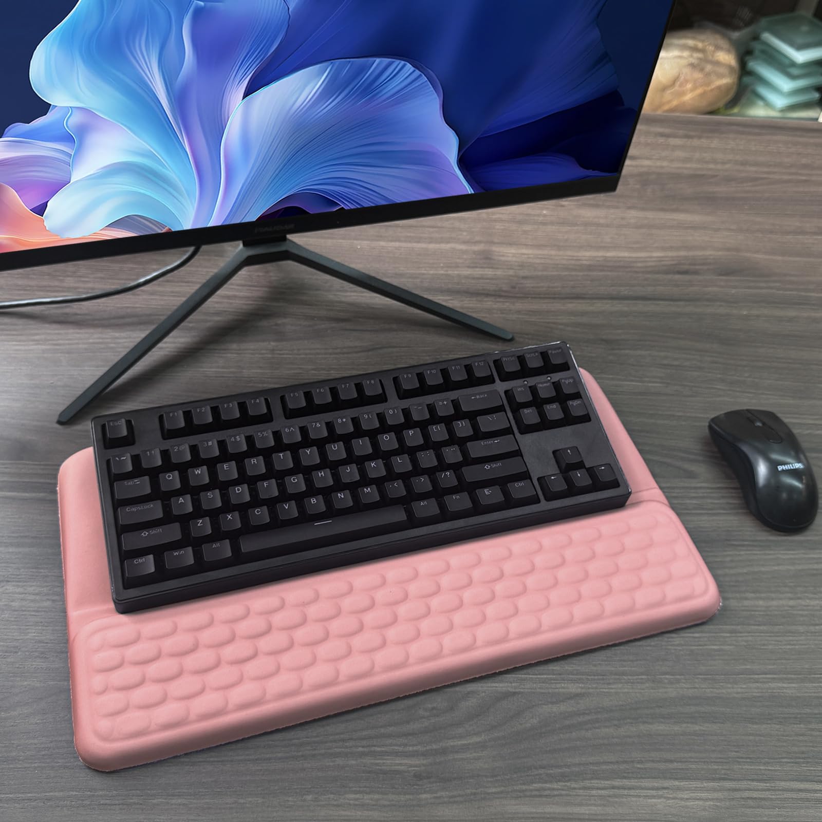 Uchwyt na klawiaturę komputerową z podpórką pod nadgarstek, ergonomiczny uchwyt na klawiaturę, podpórka pod nadgarstek, uchwyt na klawiaturę do biura i domu, kolor różowy