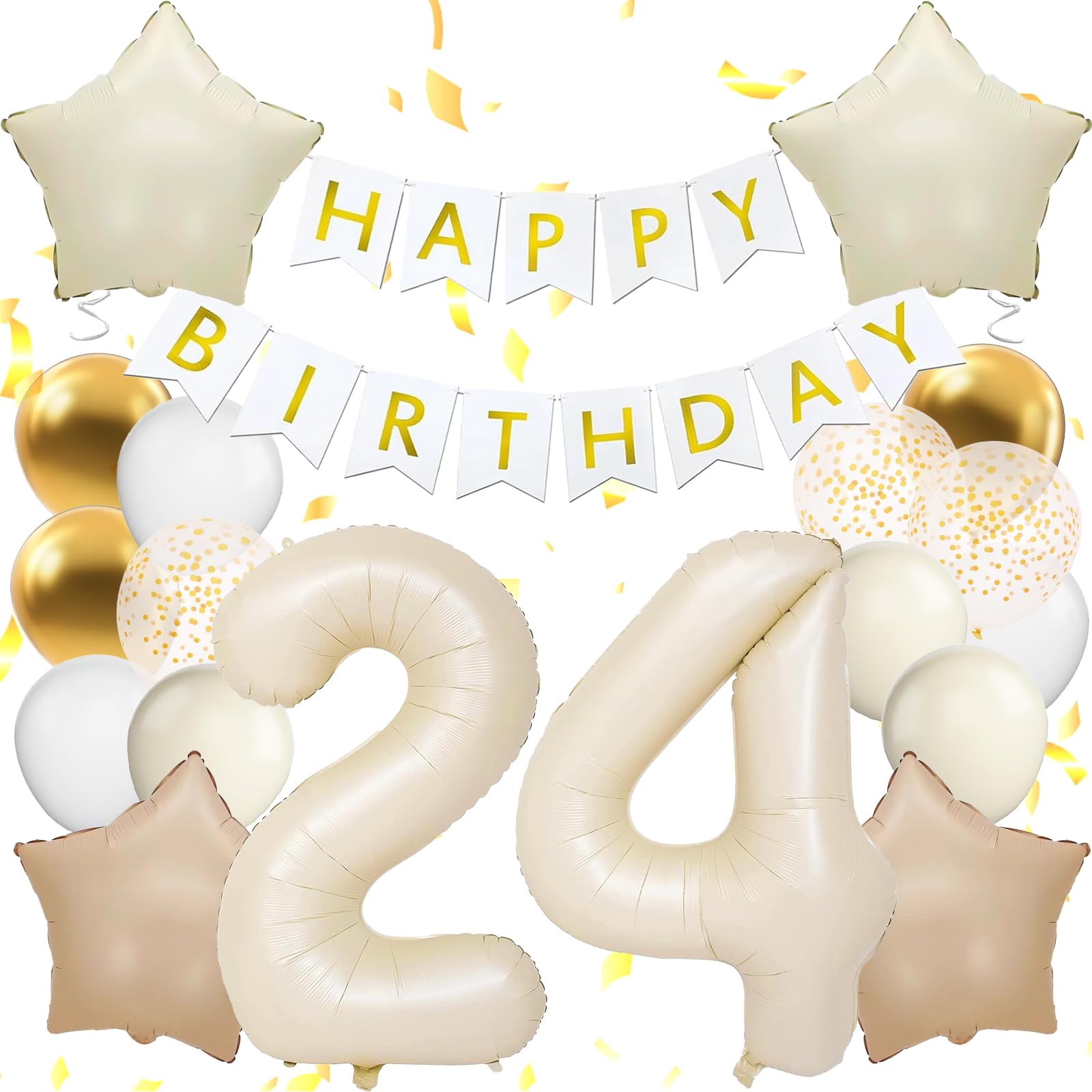 Happy 24th Birthday Decorations For Women, White Happy Birthday Banner, Beige 24 Balloon Numbers 40 Inch, 24 Birthday Balloons For White And Gold